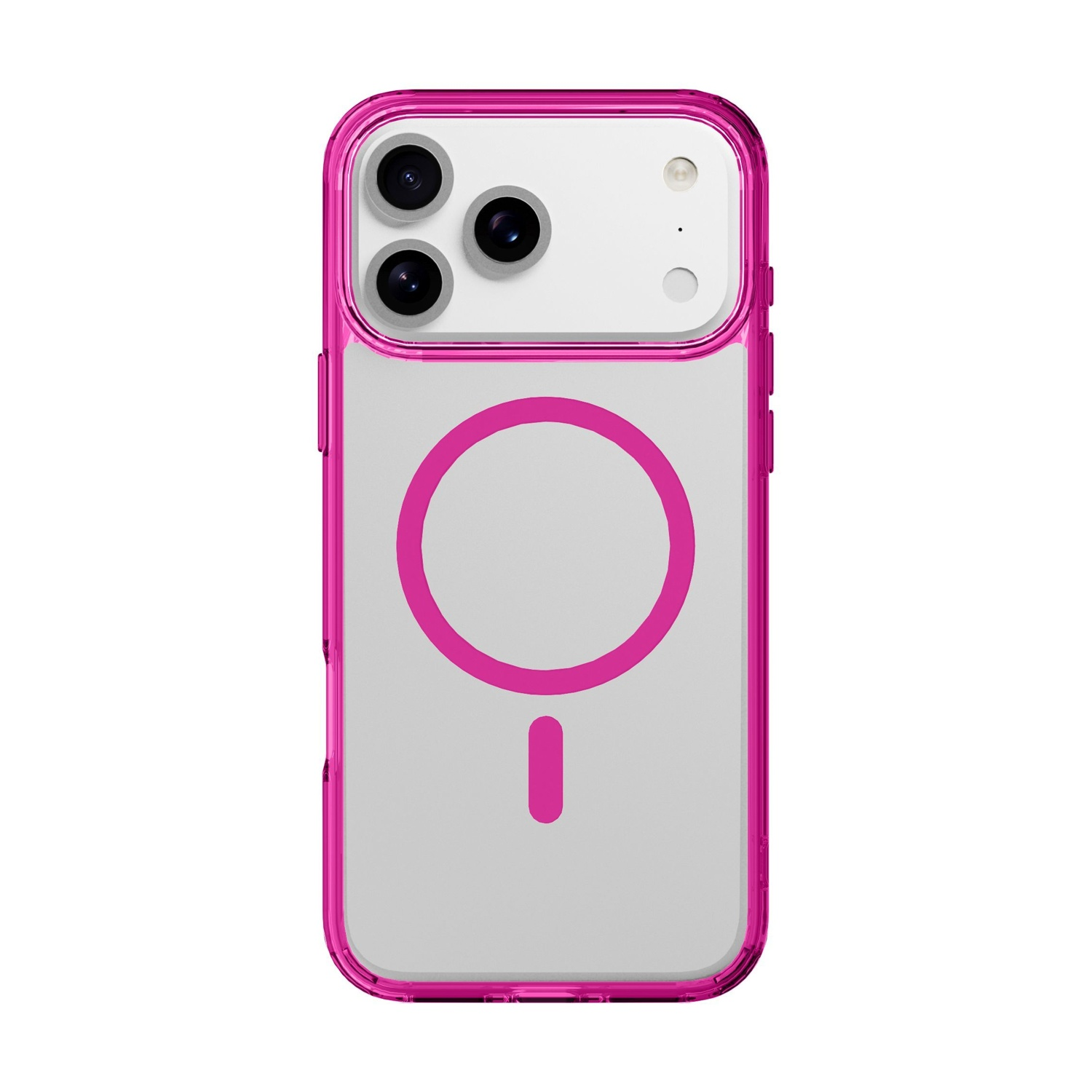 Una custodia trasparente per telefono con bordo rosa. La custodia presenta un cerchio rosa e una linea, con obiettivi della fotocamera visibili sopra.