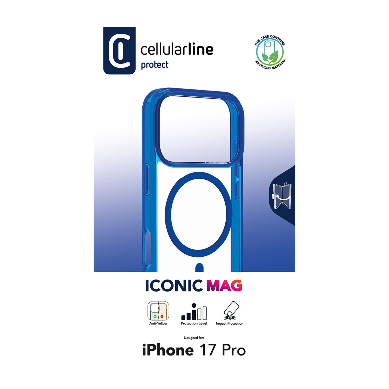 Una custodia blu per telefono su sfondo bianco. La custodia è per iPhone 17 Pro. Ha i loghi Cellularline e ICONIC MAG.