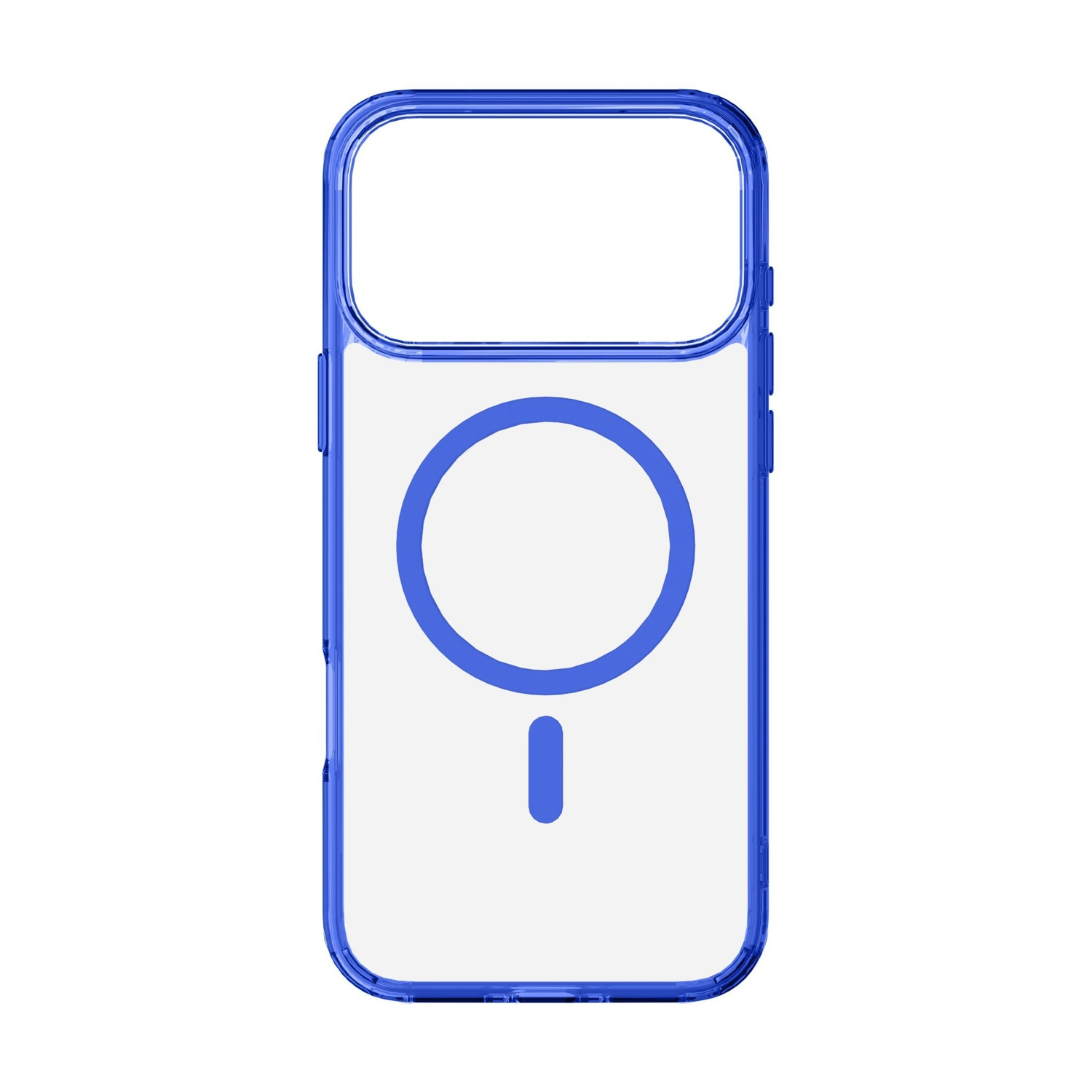 Una custodia trasparente per telefono con cornice blu, un cerchio blu e una linea, forse per la ricarica wireless.