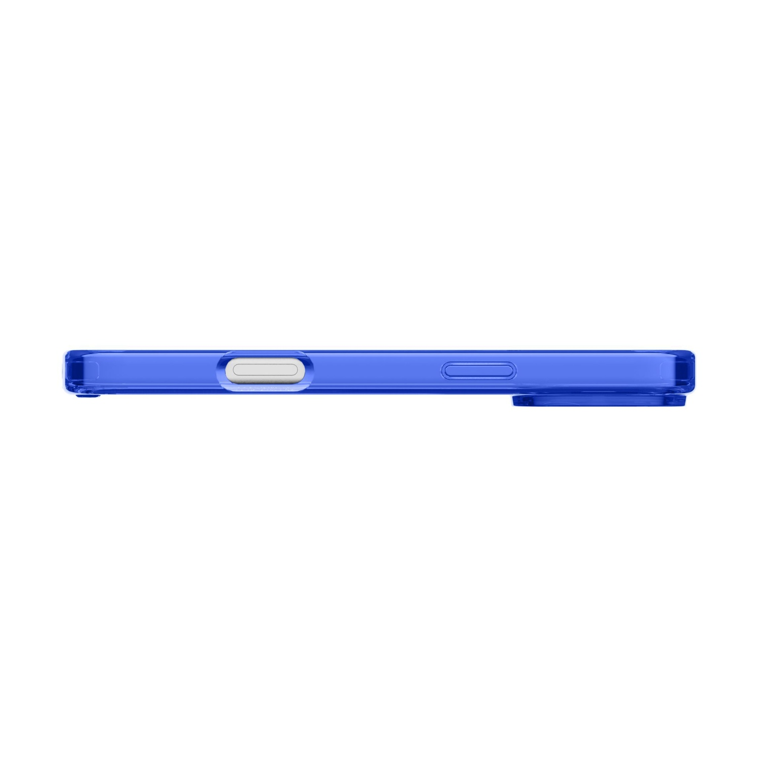 Una custodia blu per telefono è vista di lato. Ha un pulsante del volume, un pulsante di accensione e un ritaglio per la fotocamera. Lo sfondo è bianco.