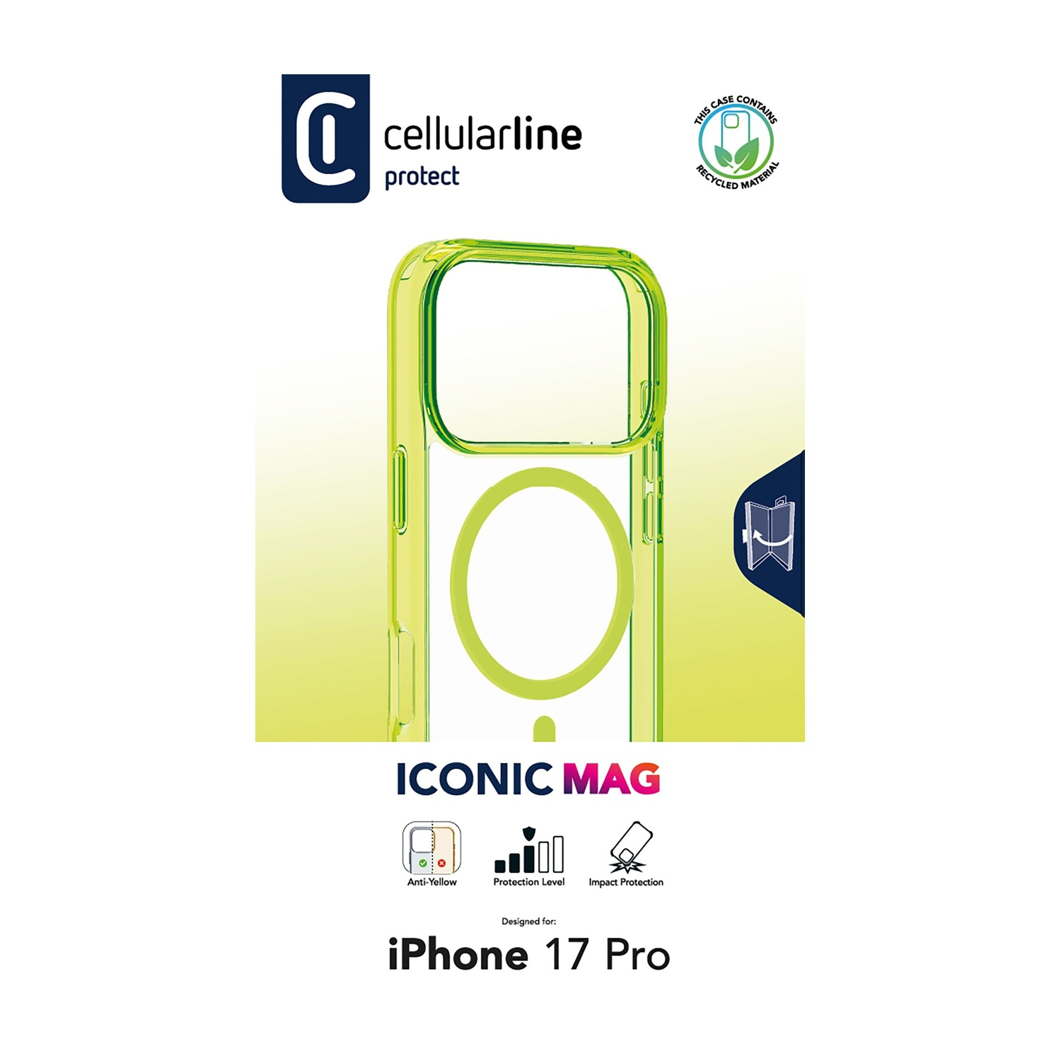 Una custodia per telefono con una tinta giallo-verde, progettata per un iPhone 17 Pro. Ha un anello magnetico e icone di protezione.