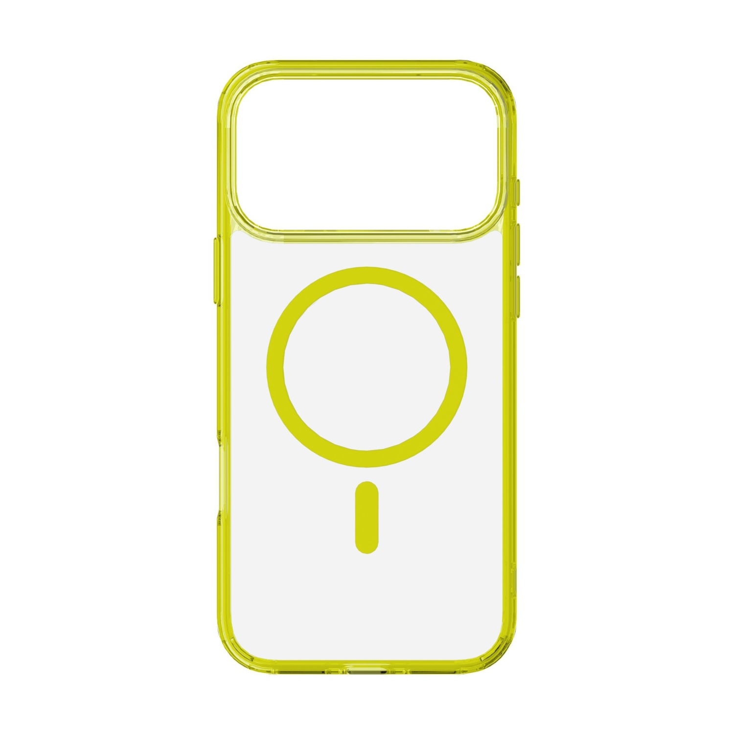 Una custodia trasparente per telefono con cornice giallo neon. La custodia presenta un design circolare e una barra verticale.