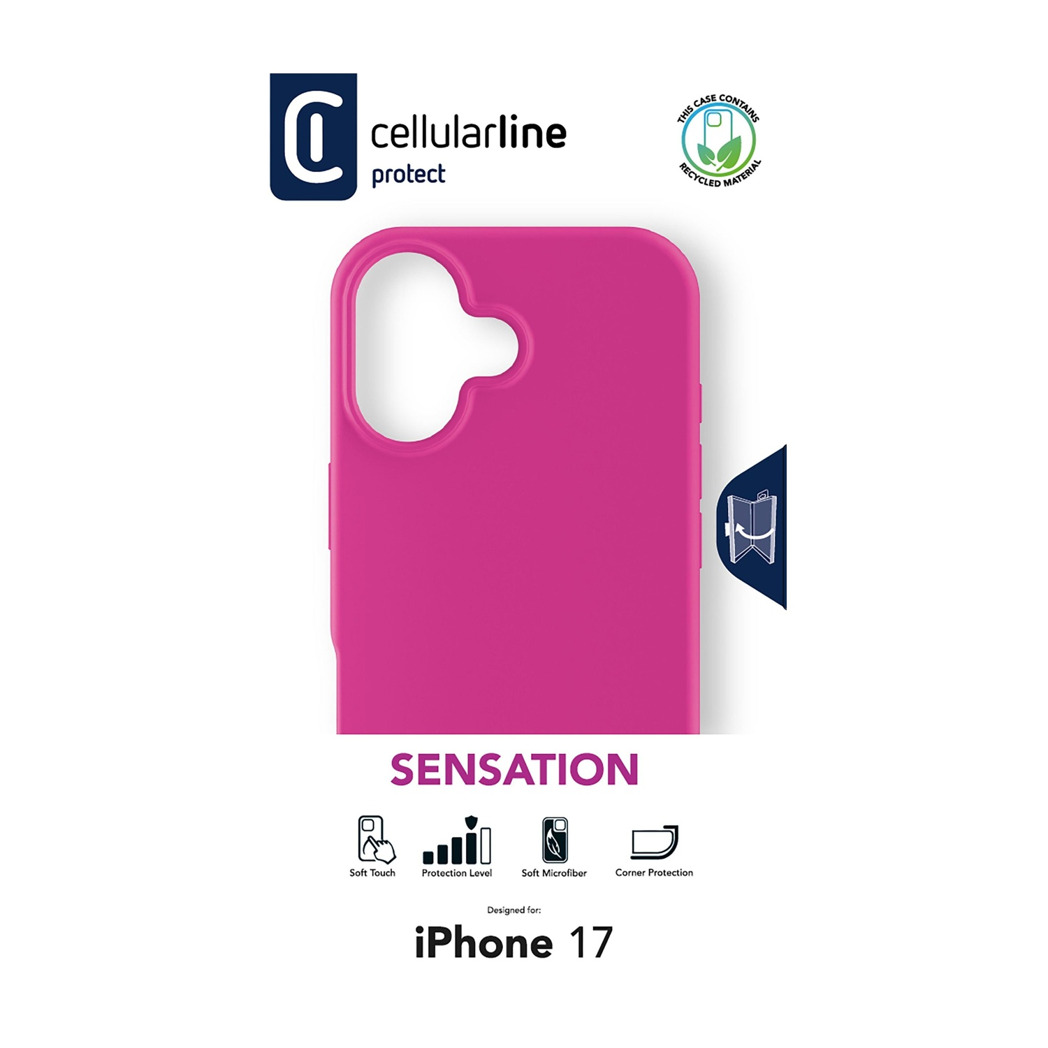 Una custodia rosa per telefono con il marchio e le caratteristiche. Include icone per soft touch, livello di protezione, microfibra morbida e protezione angolare.