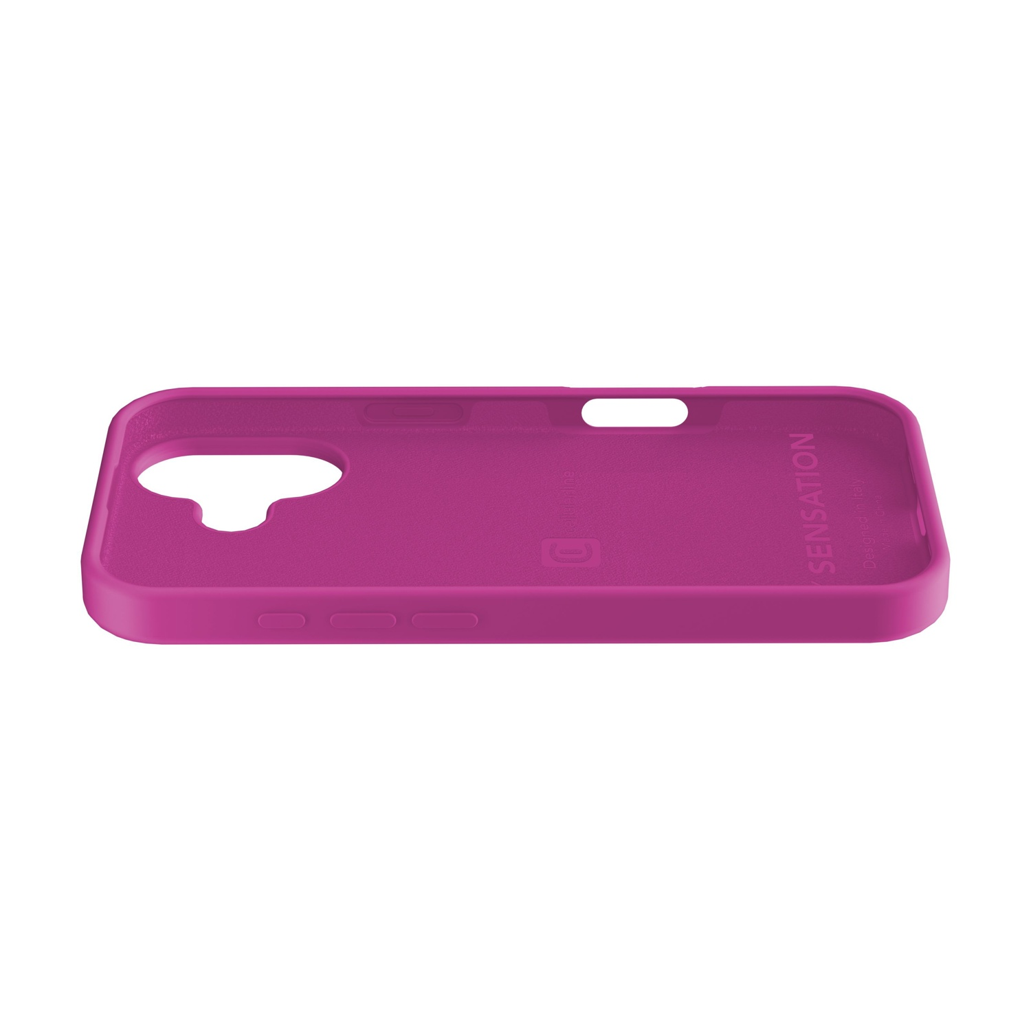 Una custodia per telefono magenta è mostrata da un'angolazione laterale. Ha aperture per la fotocamera e i pulsanti, ed è visibile la parola SENSATION.