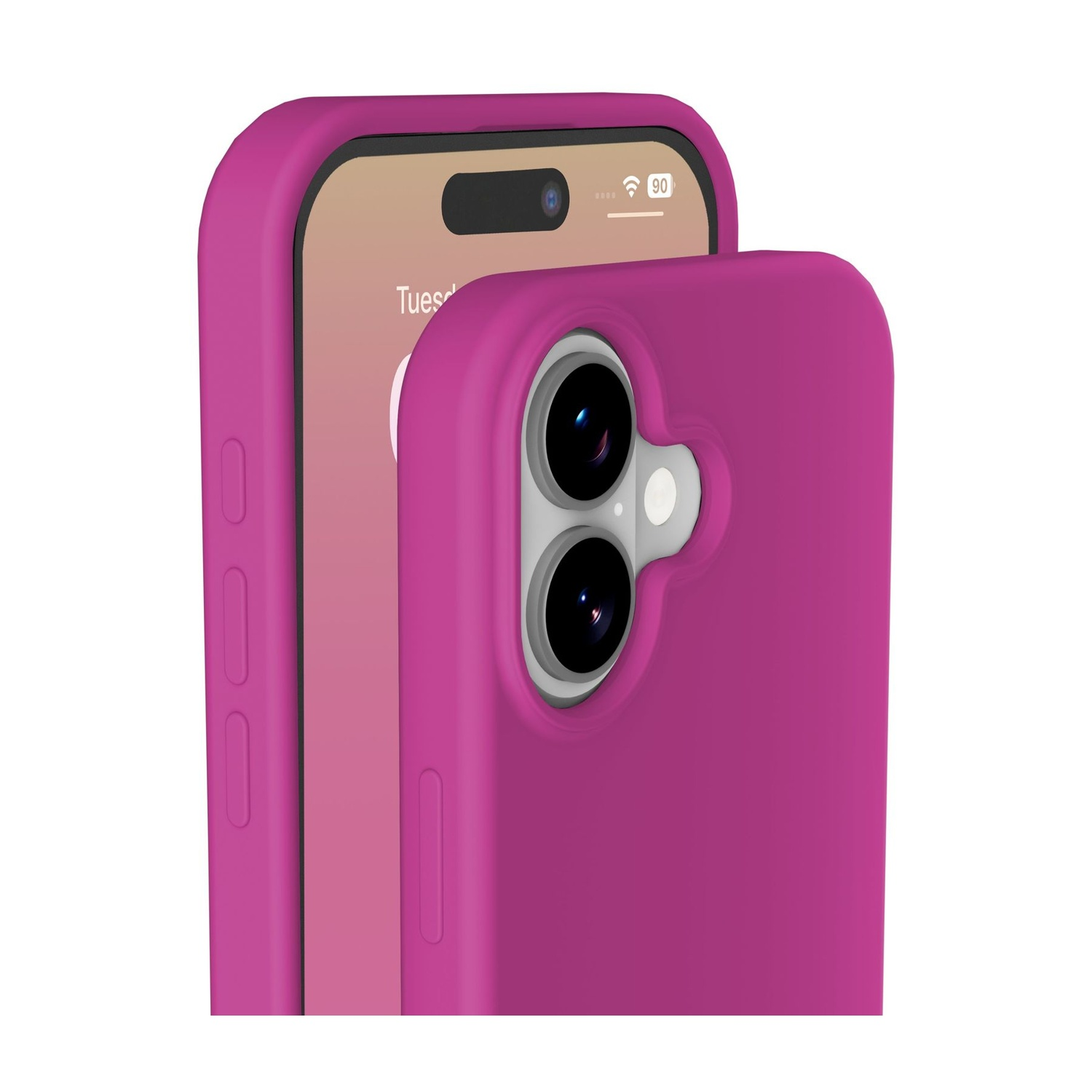 Un telefono rosa in una custodia rosa. Il telefono mostra l'ora e il livello della batteria. La custodia ha lenti della fotocamera visibili.