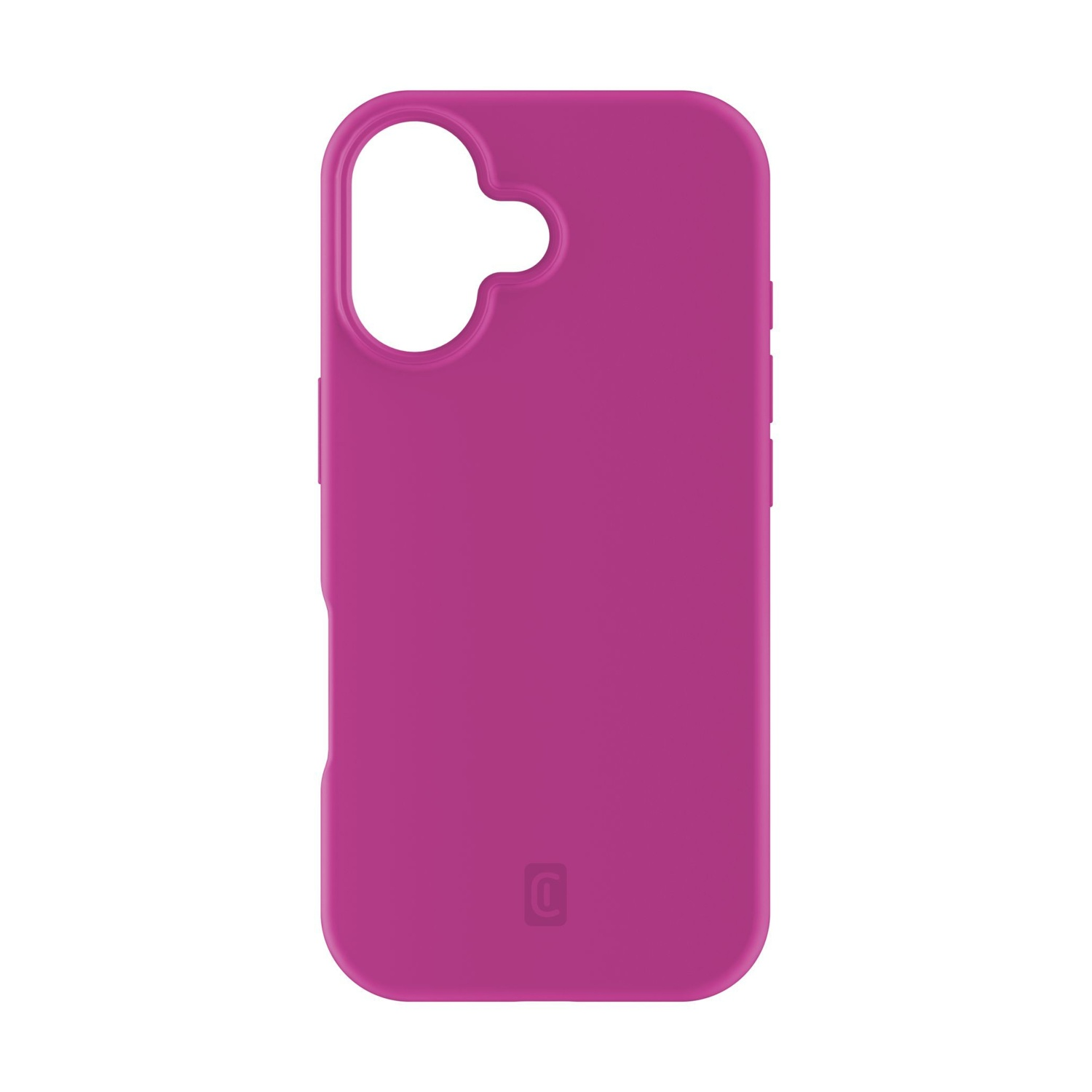 Una custodia per telefono magenta, con fori per la fotocamera e i pulsanti. Ha angoli arrotondati e un logo in basso a destra.