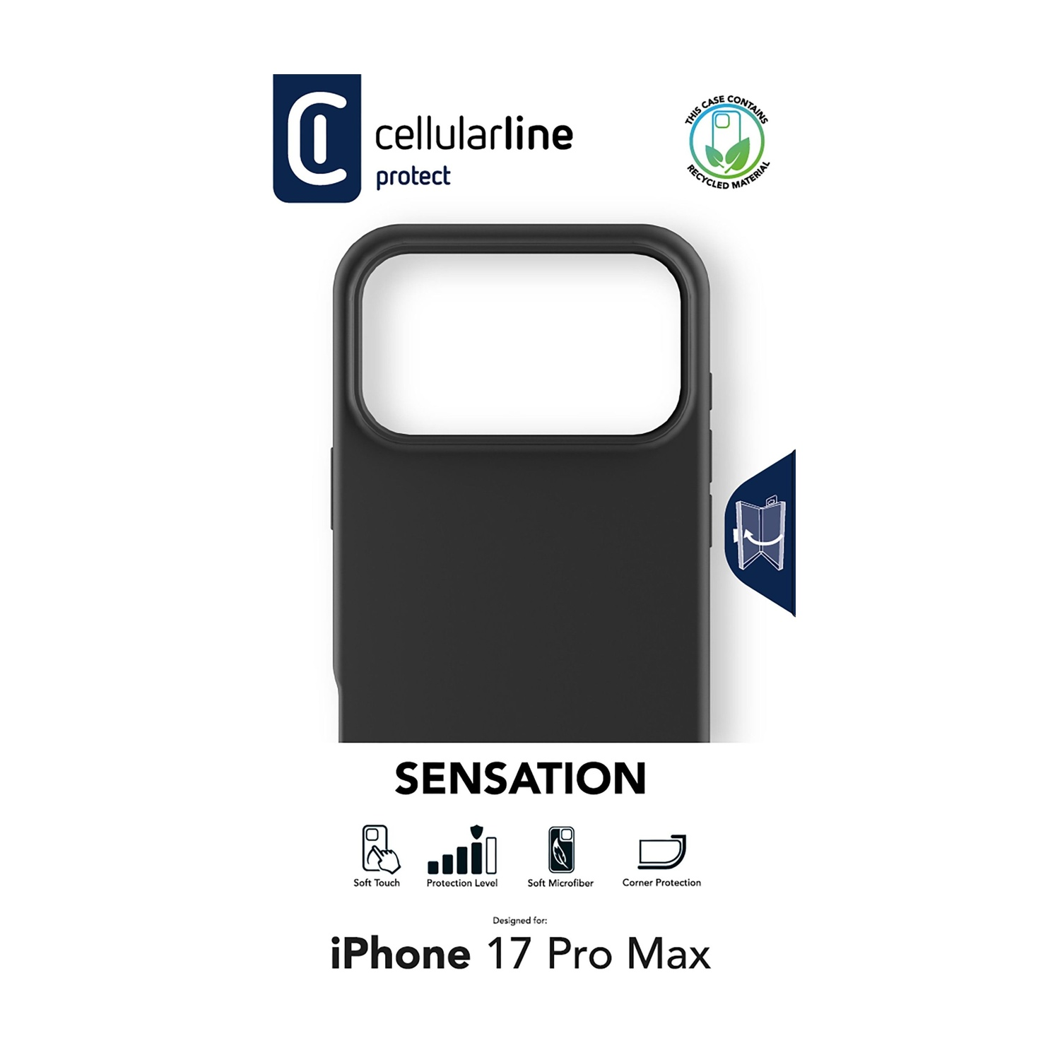 Custodia nera per telefono con il logo del marchio. È progettata per iPhone 17 Pro Max. Le caratteristiche includono soft touch, livello di protezione e microfibra.