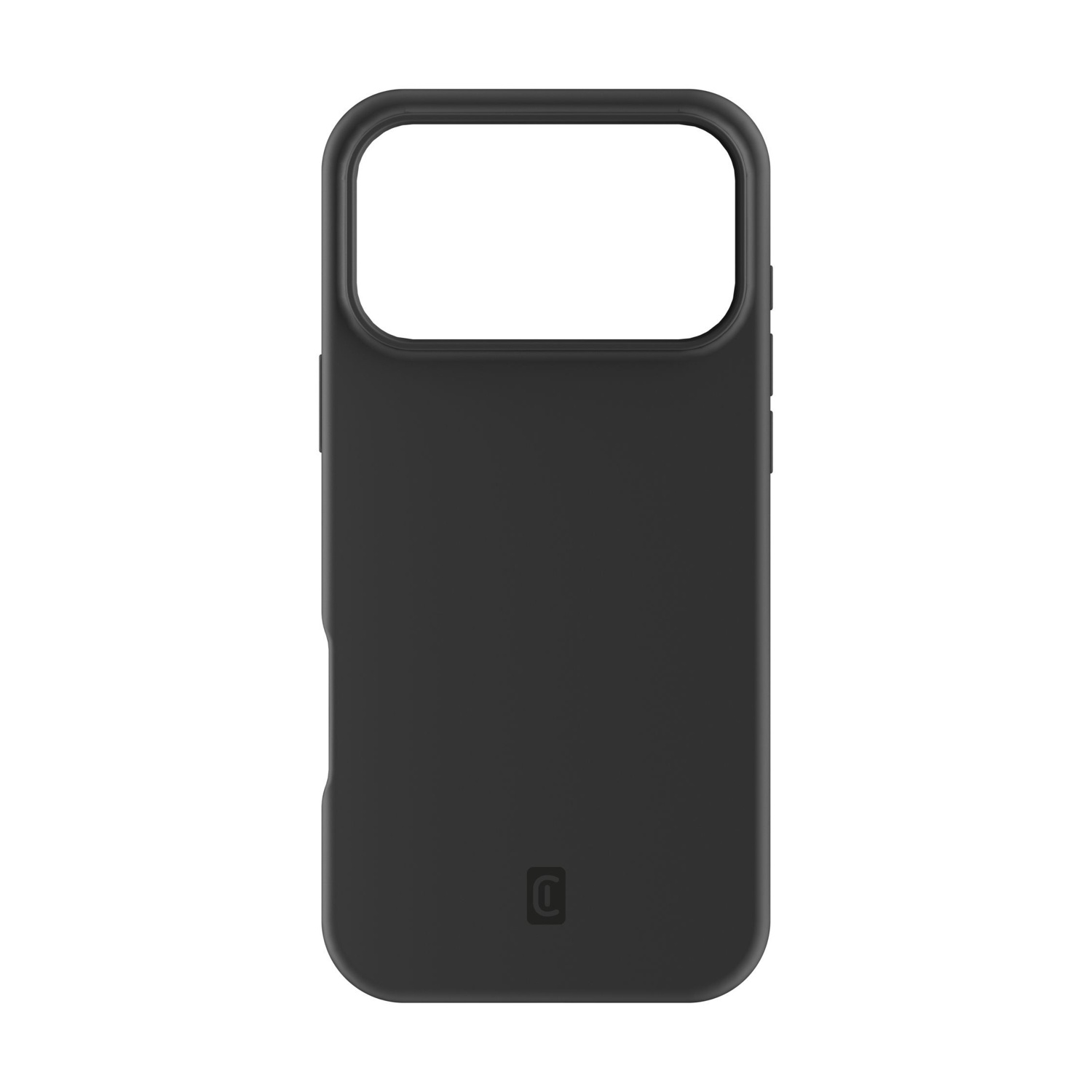 Una custodia nera per telefono con un ritaglio per la fotocamera. La custodia ha una superficie liscia e un logo in basso.