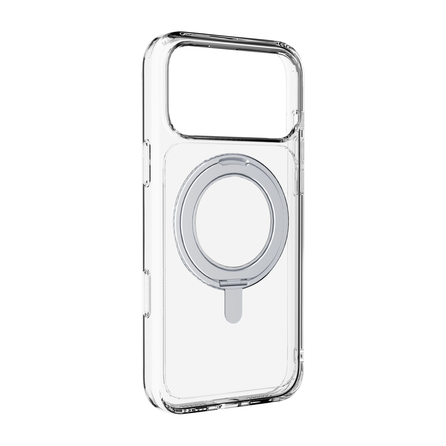 Una custodia trasparente per iPhone con un anello magnetico argentato sul retro. La custodia ha un ritaglio per la fotocamera.