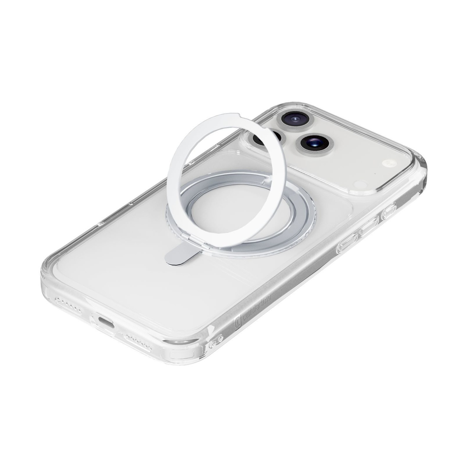 Una custodia trasparente per telefono con un supporto ad anello magnetico bianco è mostrata su sfondo bianco. Il telefono ha tre fotocamere.