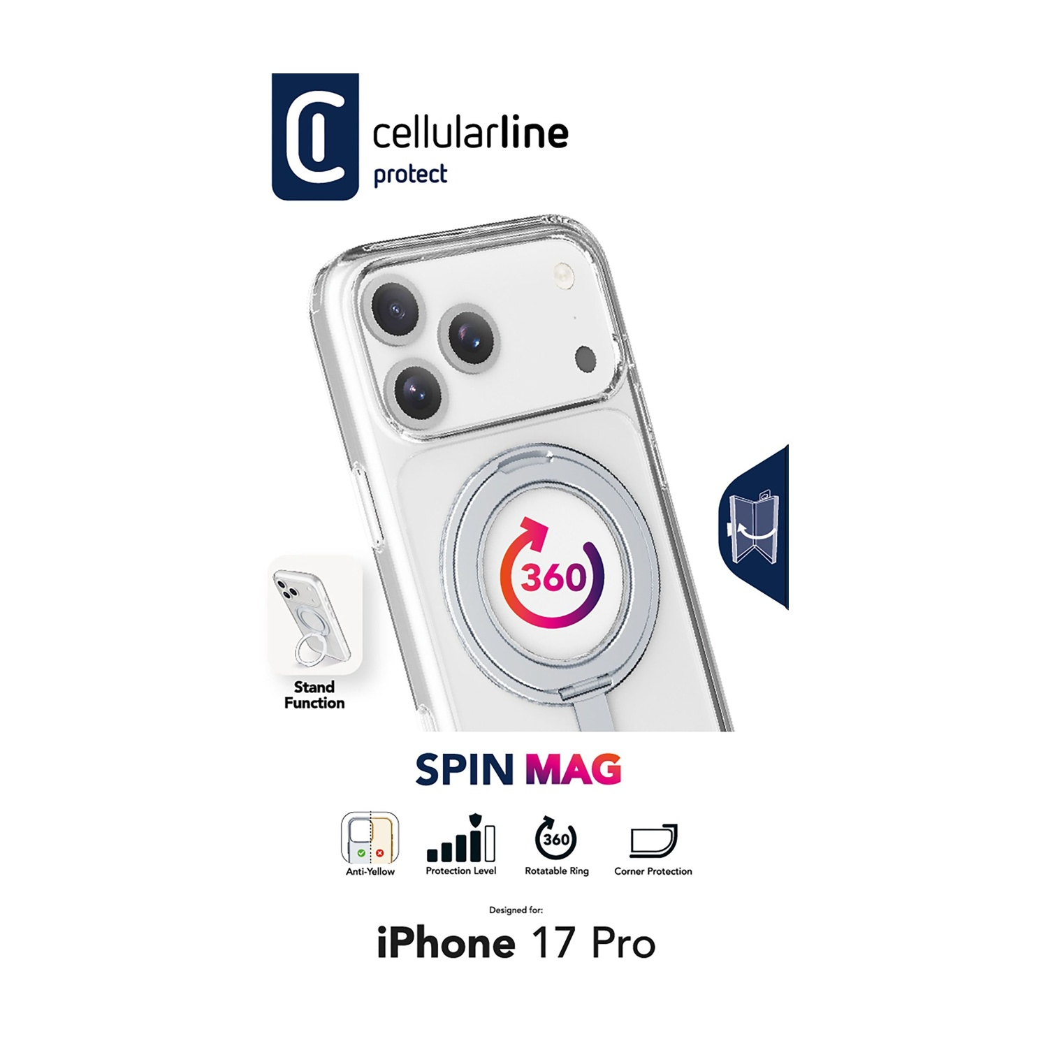 Una custodia per telefono con anello rotante a 360°. La custodia è per iPhone 17 Pro. Include anti-ingiallimento e protezione angoli.