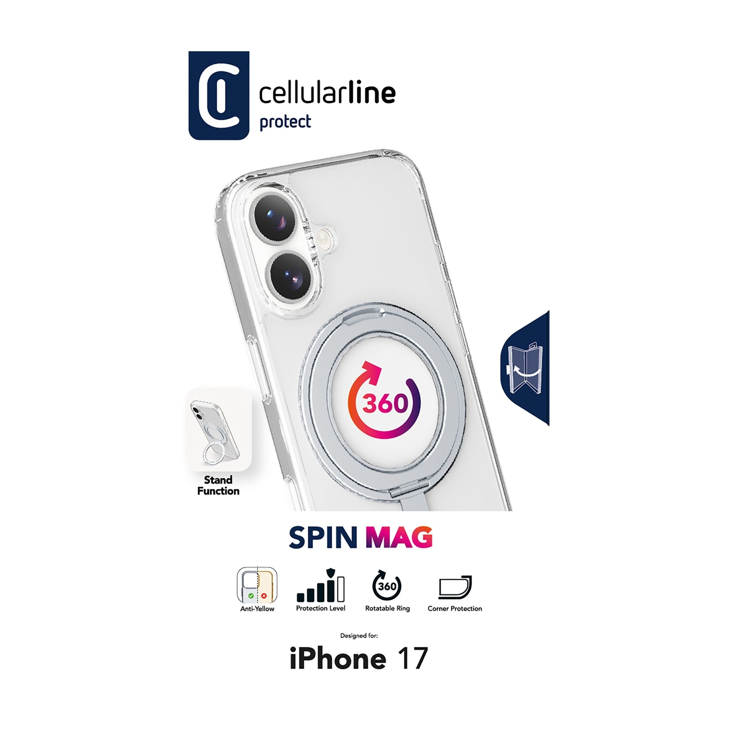 Custodia trasparente per iPhone 17 con anello rotante. Caratteristiche: anti-ingiallimento, livello di protezione e protezione angoli.