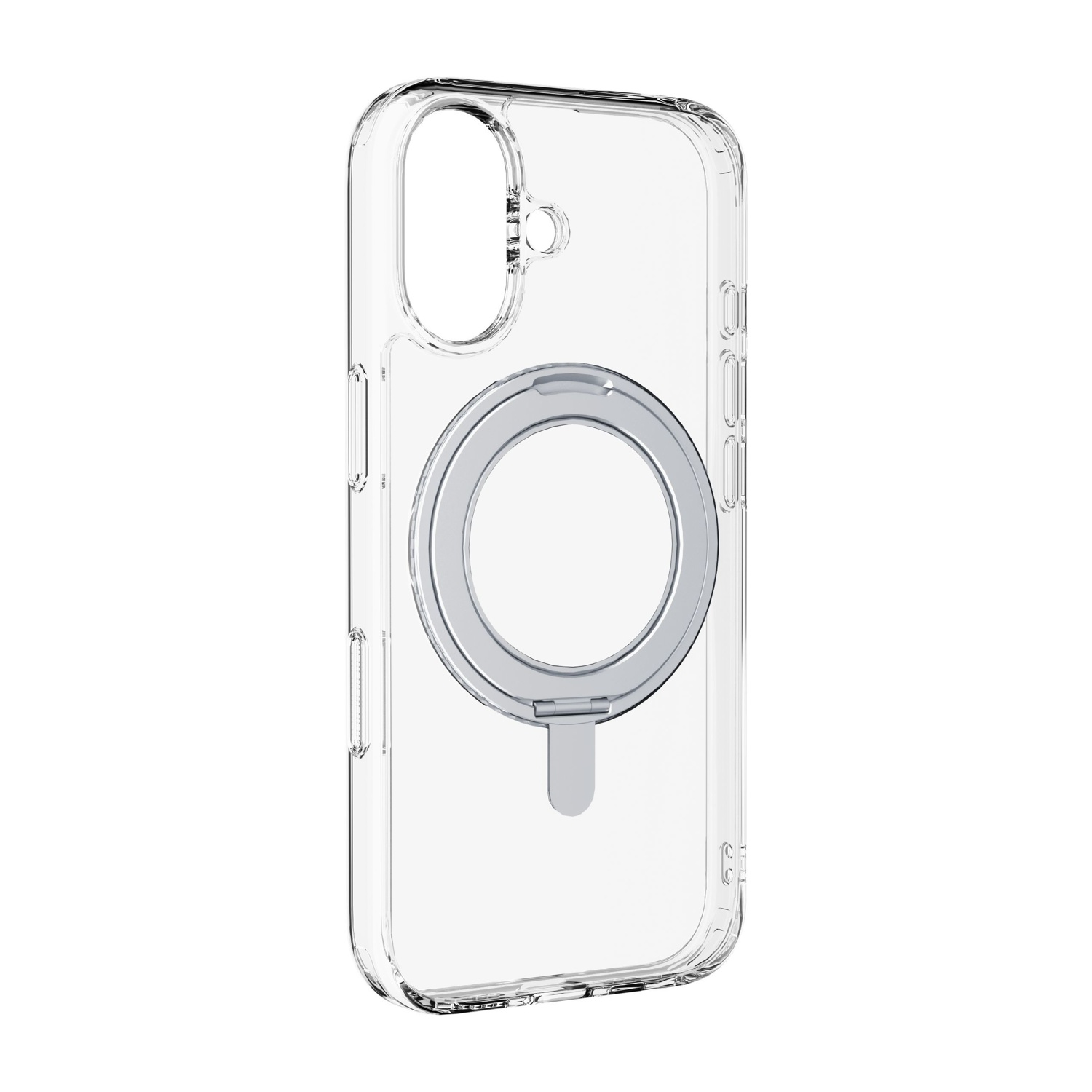 Una custodia trasparente per telefono con un anello magnetico argentato. La custodia è trasparente, mostrando il design del telefono. L'anello è centrato.