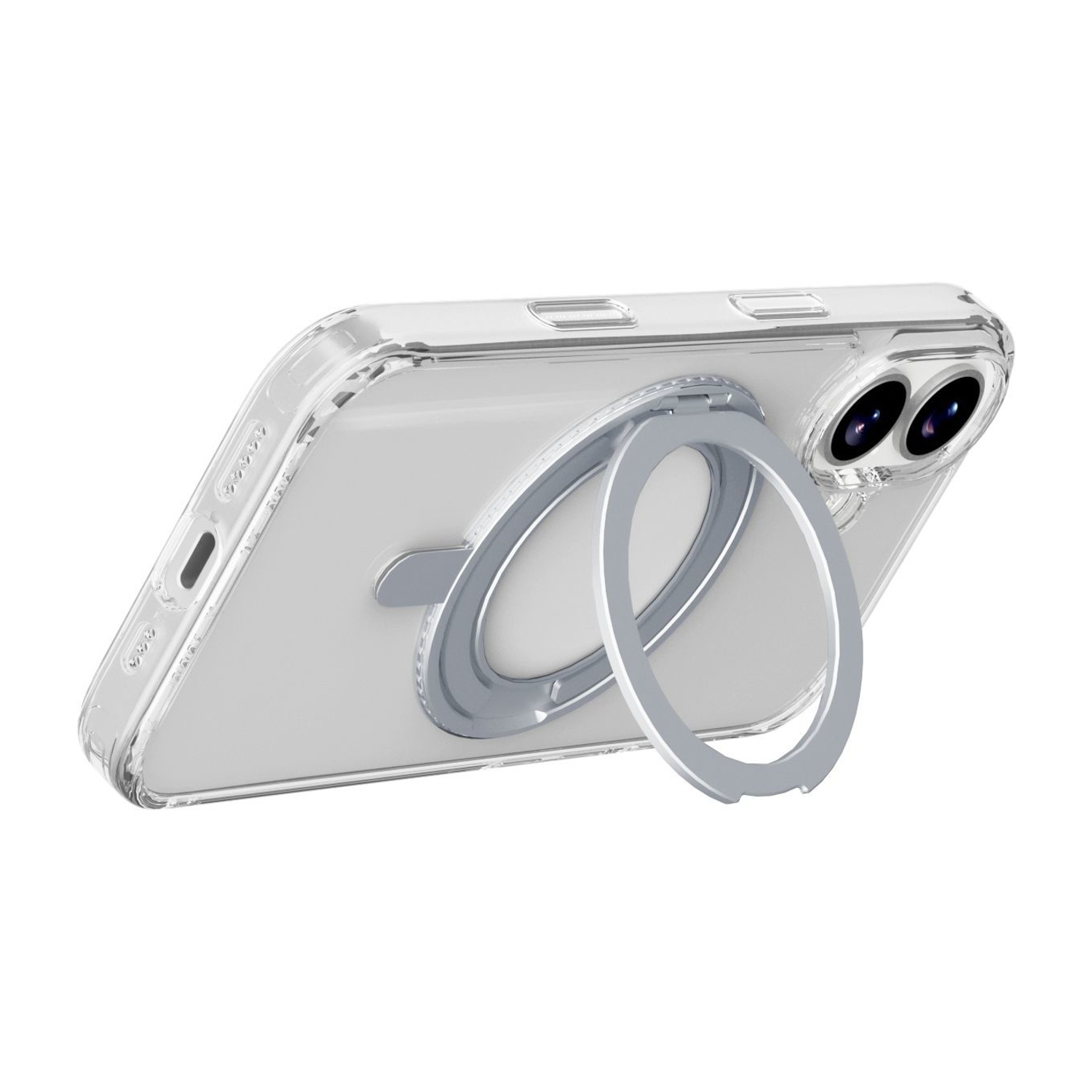 Una custodia trasparente per telefono con un supporto ad anello argentato è attaccata a un telefono. Il telefono ha due fotocamere. Lo sfondo è bianco.