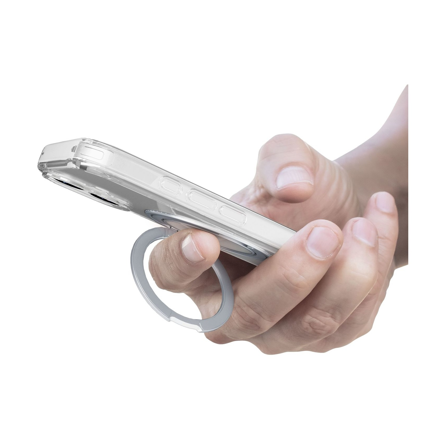 Una mano tiene una custodia trasparente per telefono con un anello argentato. La custodia è trasparente e lo sfondo è bianco.