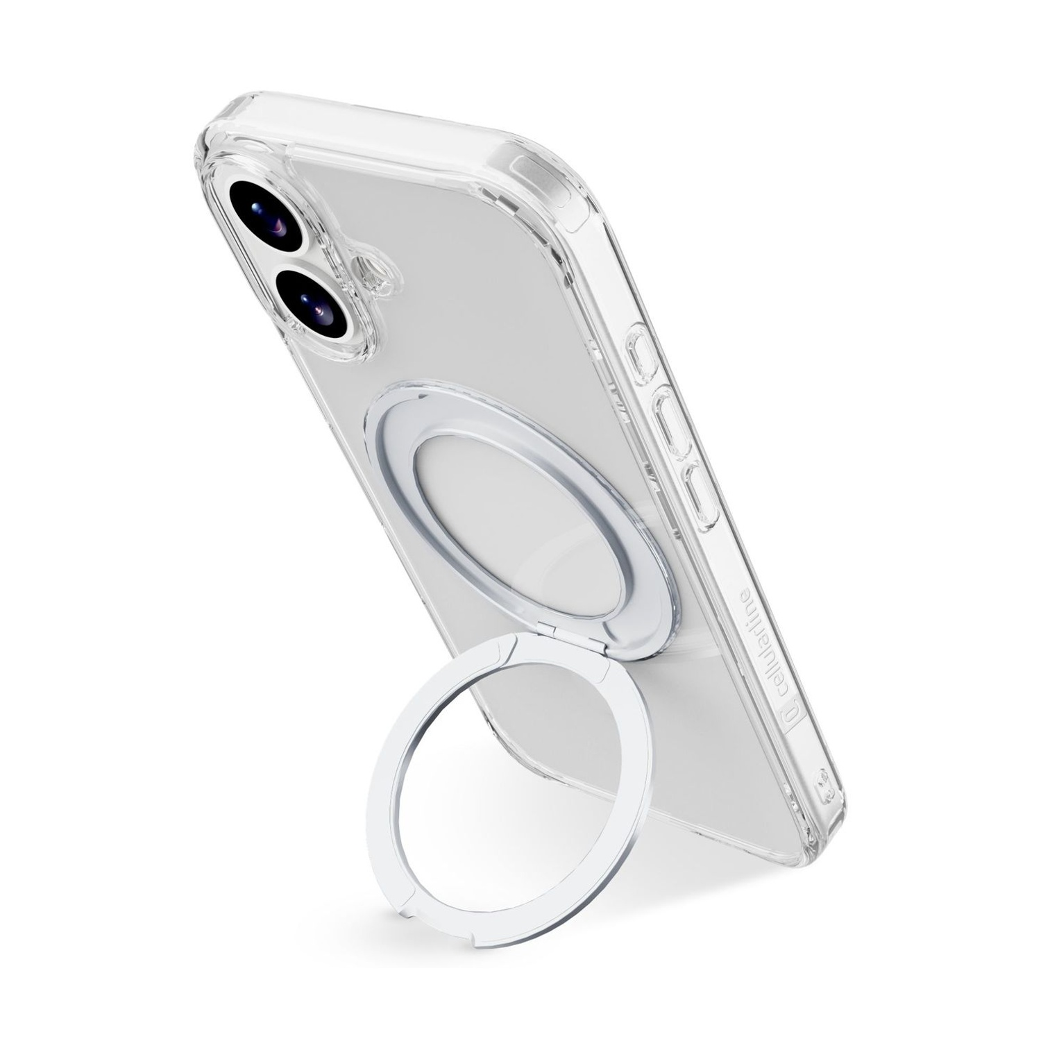 Custodia trasparente per telefono con supporto ad anello bianco. La custodia è inclinata, mostrando la fotocamera e il supporto ad anello è aperto.