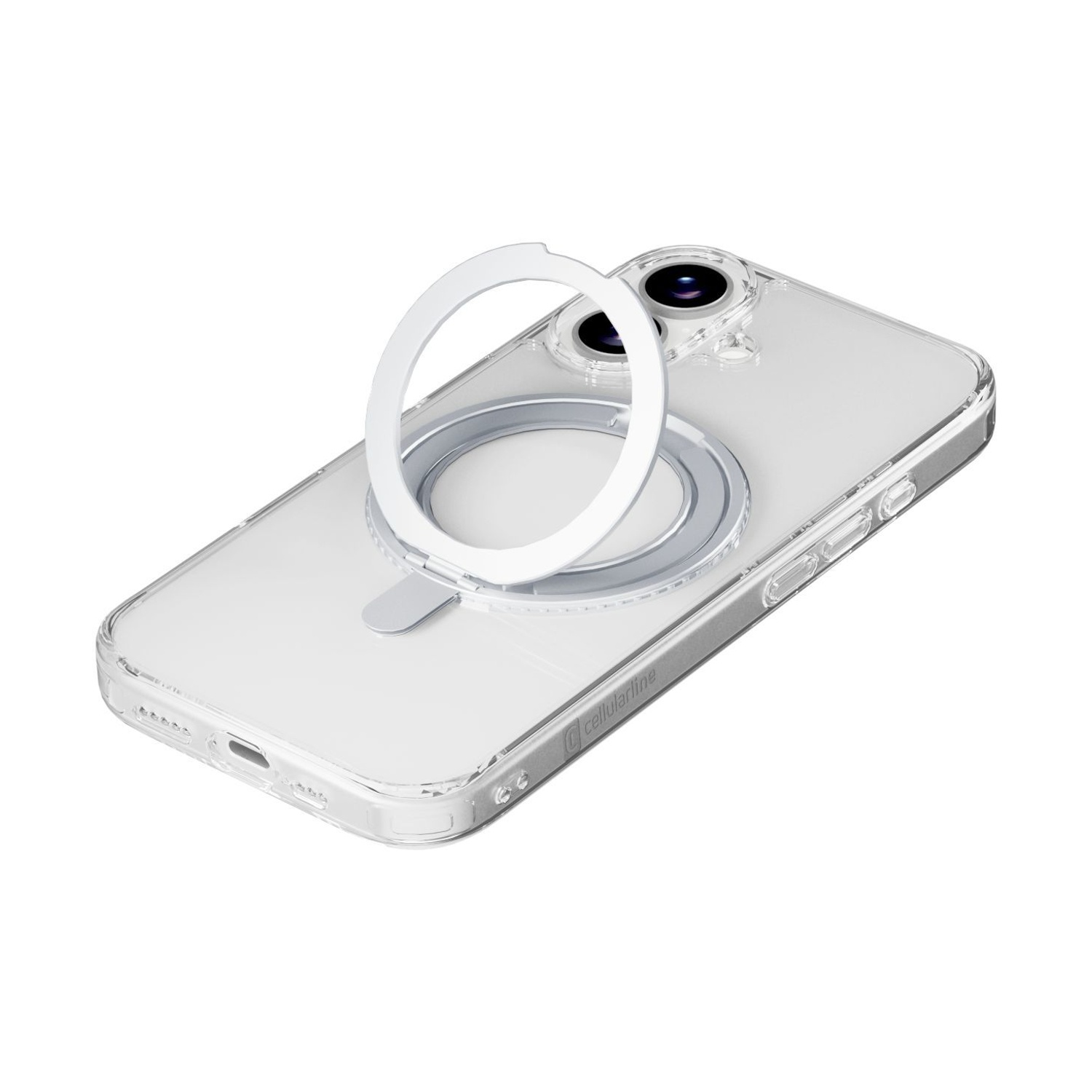 Una custodia trasparente con anello bianco su sfondo bianco. Il telefono ha una doppia fotocamera e una cornice argentata.