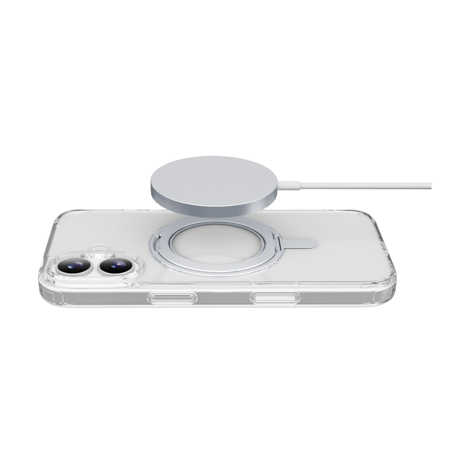 È mostrata una custodia trasparente per telefono con un caricabatterie MagSafe argentato. Il caricabatterie fluttua sopra la custodia del telefono. Sfondo bianco.