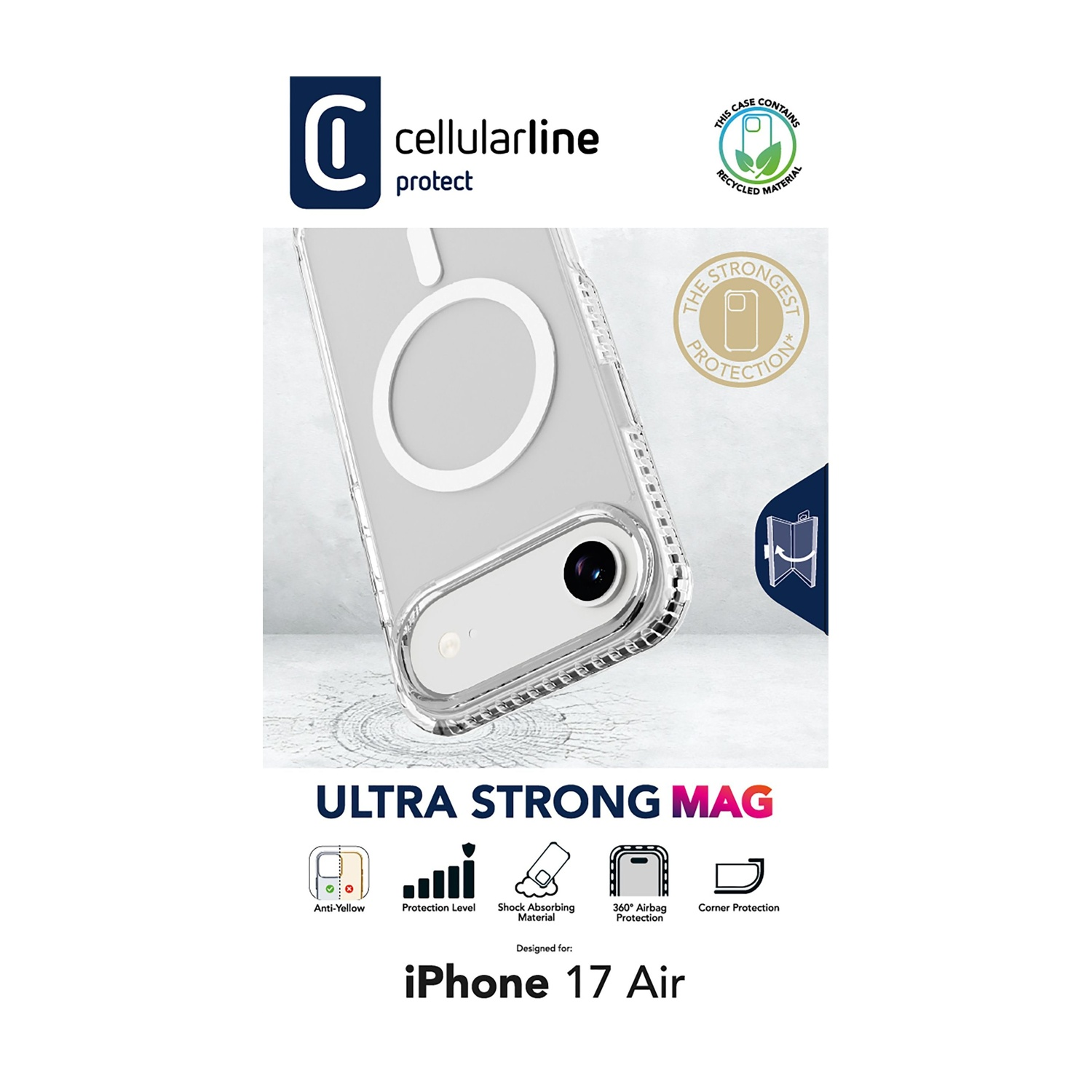 Custodia trasparente con MagSafe per iPhone 17 Air. Caratteristiche: anti-ingiallimento, livello di protezione, assorbimento urti e protezione angoli.
