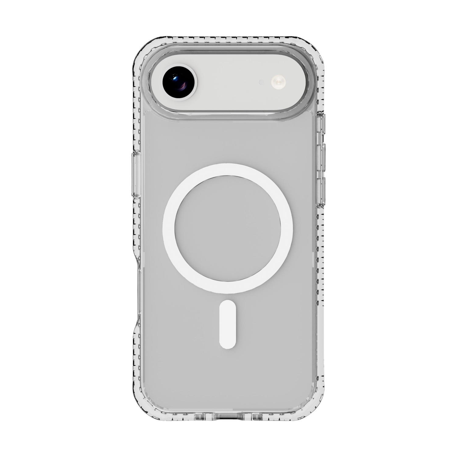Custodia trasparente per telefono con anello MagSafe bianco e ritaglio per fotocamera. Sfondo bianco.