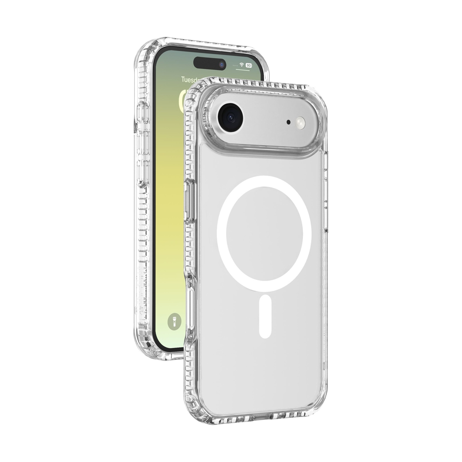 Una custodia trasparente protegge un iPhone. La custodia ha un design circolare bianco e un trattino allungato. Il telefono mostra una schermata del martedì.