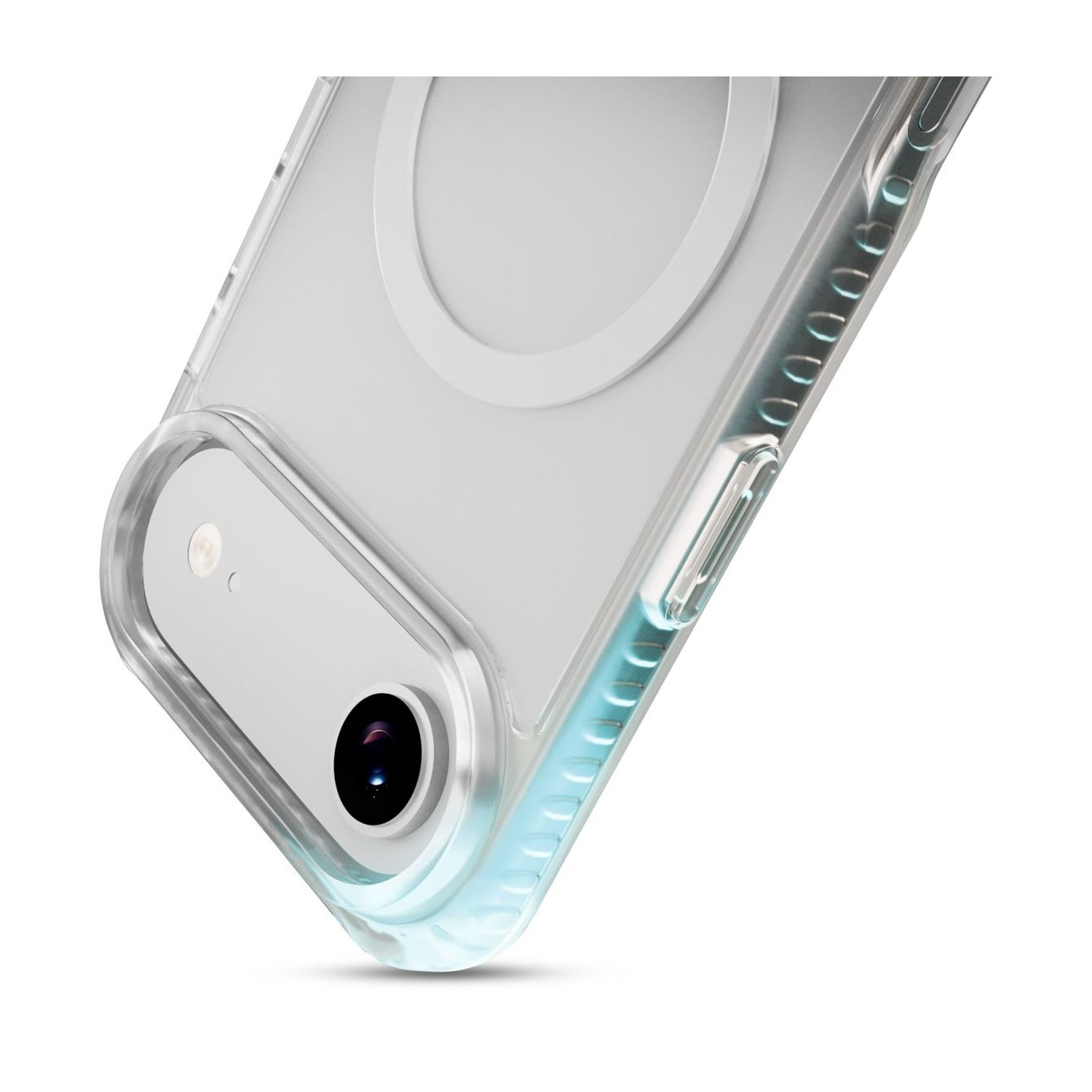 Custodia trasparente per telefono con un ritaglio per la fotocamera. È visibile un anello magnetico circolare. La custodia ha una tinta azzurra.