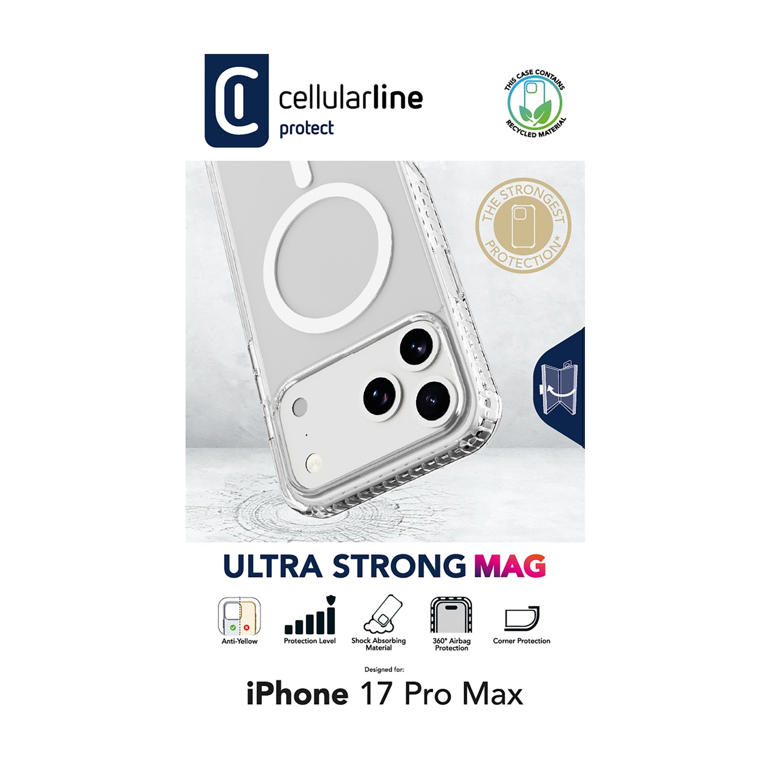Custodia trasparente per iPhone 17 Pro Max con anello magnetico. Caratteristiche: anti-giallo, assorbimento urti e protezione angoli.