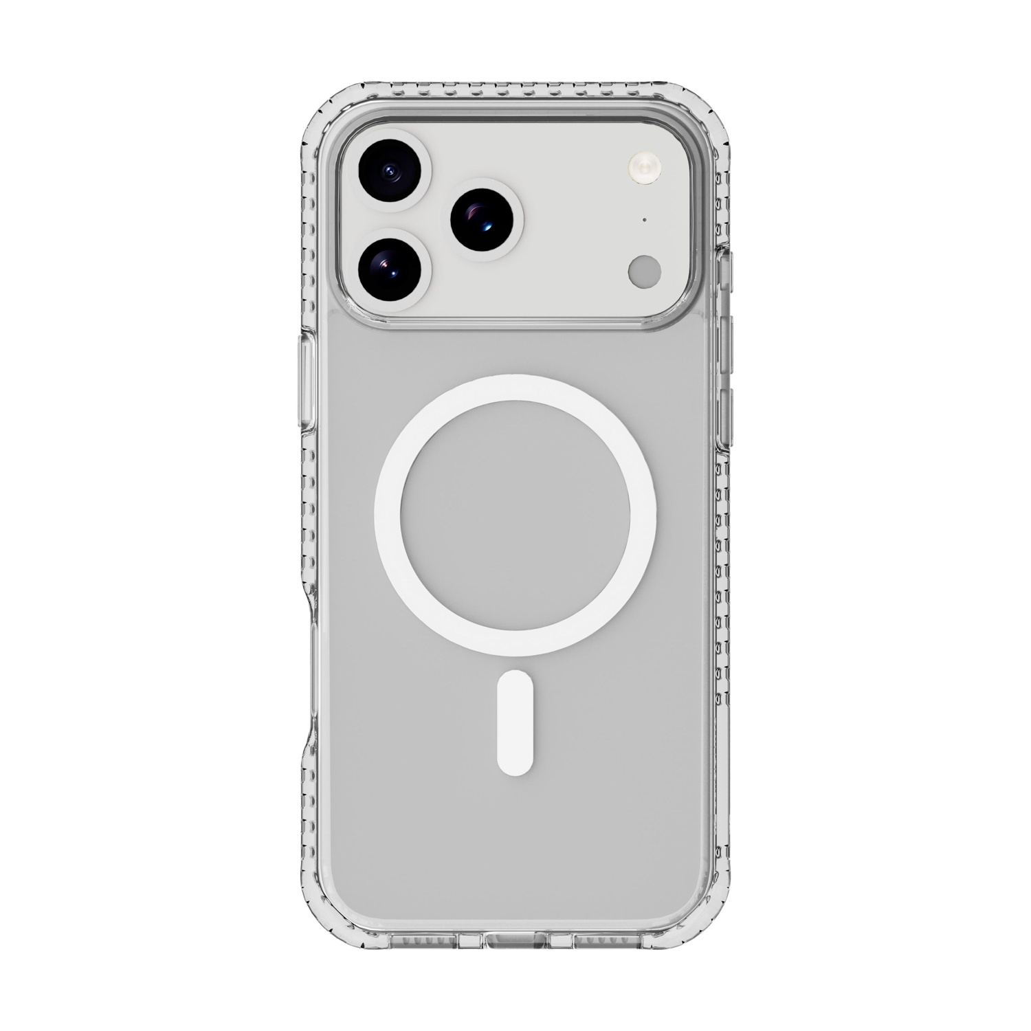 Custodia trasparente con iPhone. Tre lenti della fotocamera visibili. Cerchio e trattino bianchi sulla custodia.
