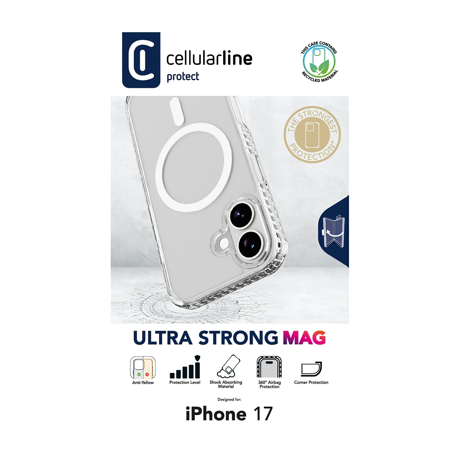 Custodia trasparente con anello bianco, etichetta iPhone 17 e icone di protezione, marchio Cellularline e materiale riciclato.
