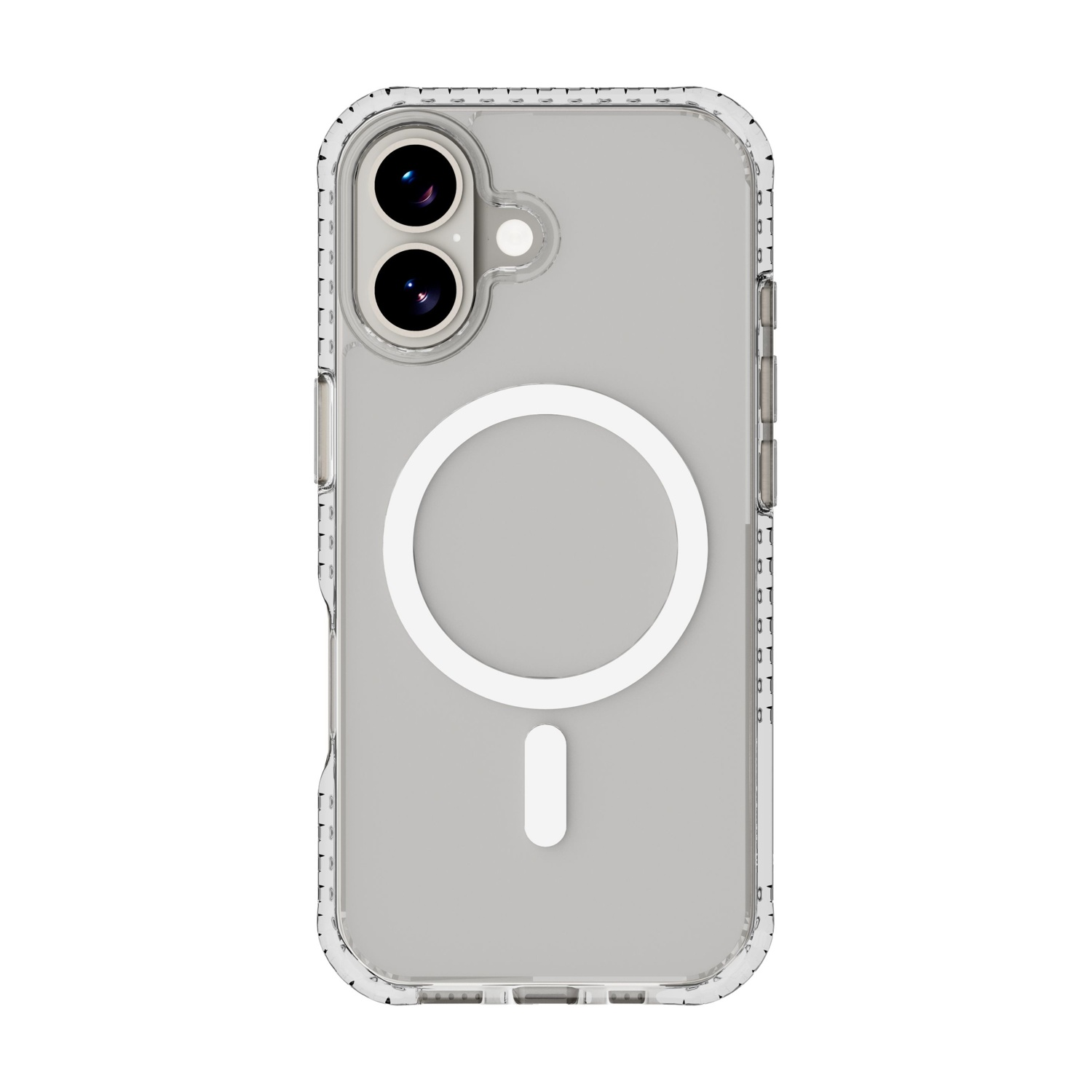 Custodia trasparente per telefono con anello magnetico bianco e rettangolo. Due obiettivi in alto.