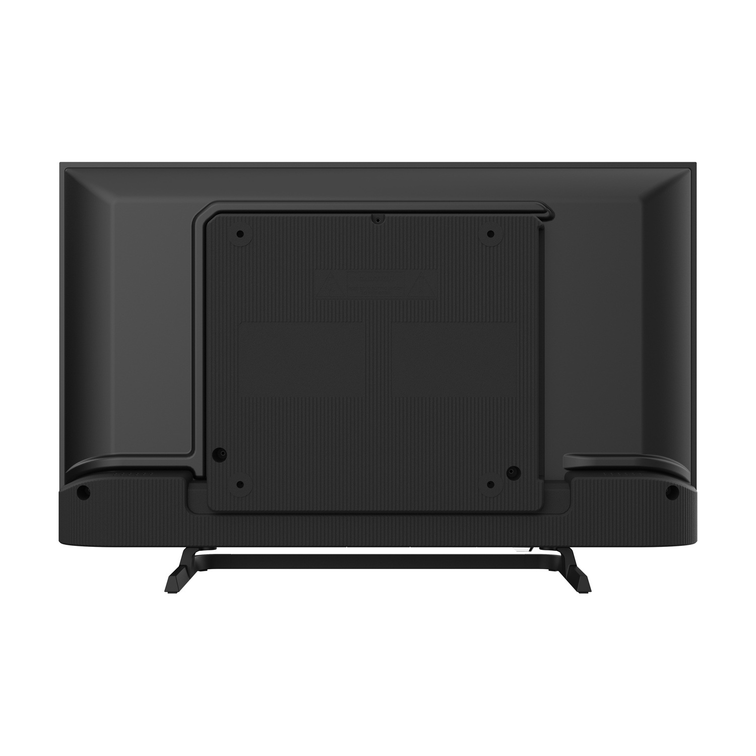 Vista posteriore di una TV a schermo piatto nera. Ha un pannello posteriore strutturato, prese d'aria e un supporto.