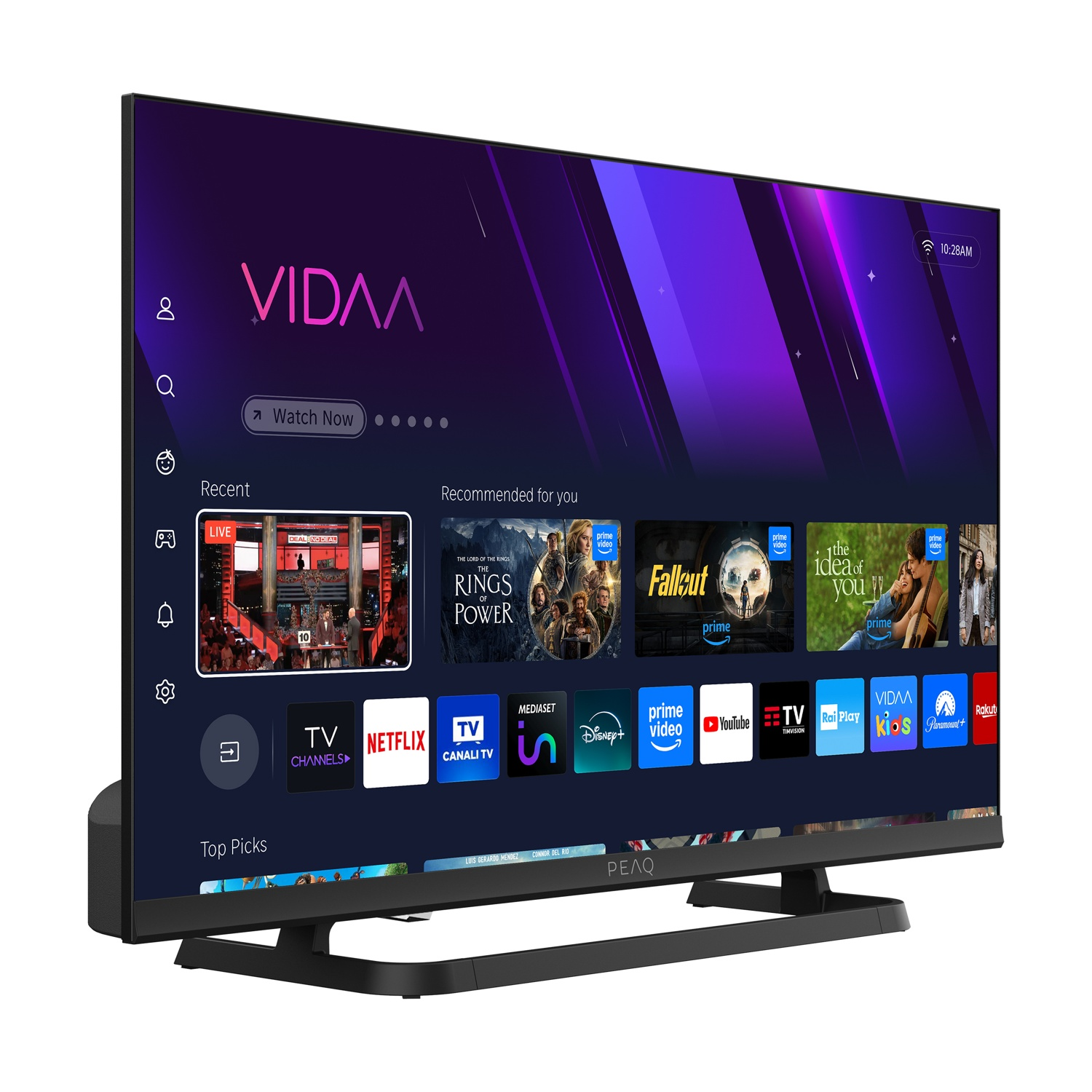 Un televisore a schermo piatto mostra l'interfaccia VIDAA. Sono visibili app come Netflix, Prime Video e YouTube. Lo schermo mostra contenuti in streaming.