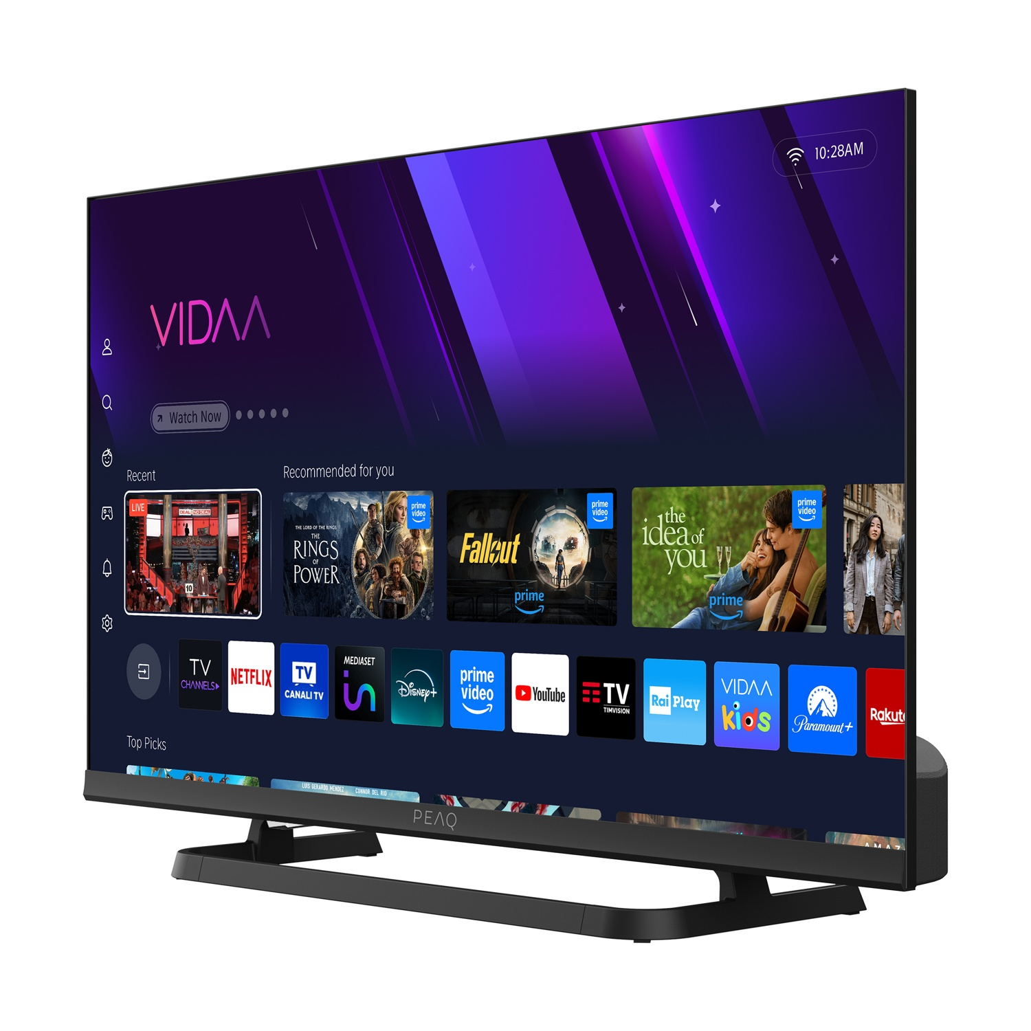 Un televisore a schermo piatto mostra l'interfaccia VIDAA. Sono visibili app come Netflix, YouTube e Disney+. Lo schermo mostra le opzioni di streaming.