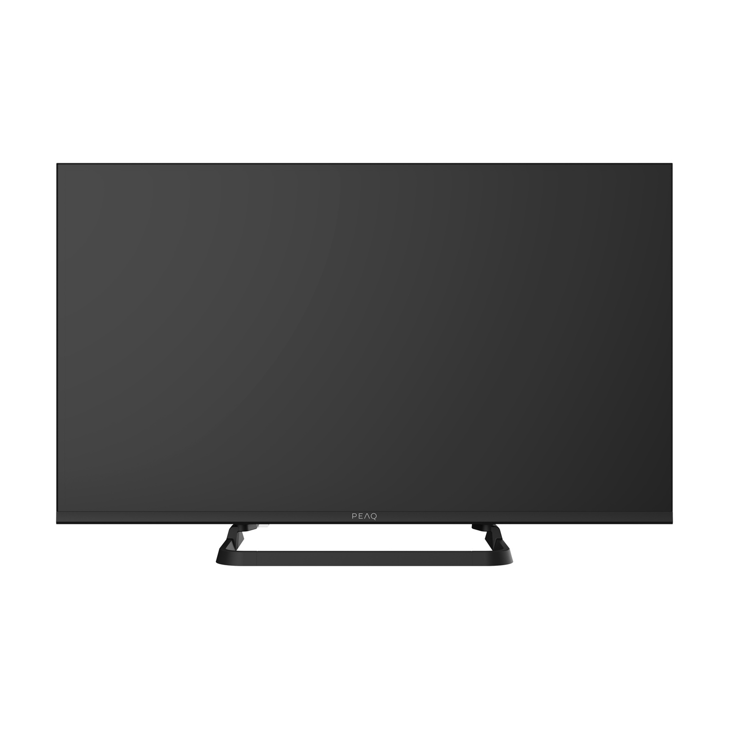 Un televisore PEAQ nero su sfondo bianco. Ha uno schermo rettangolare con un supporto in basso e il nome del marchio.