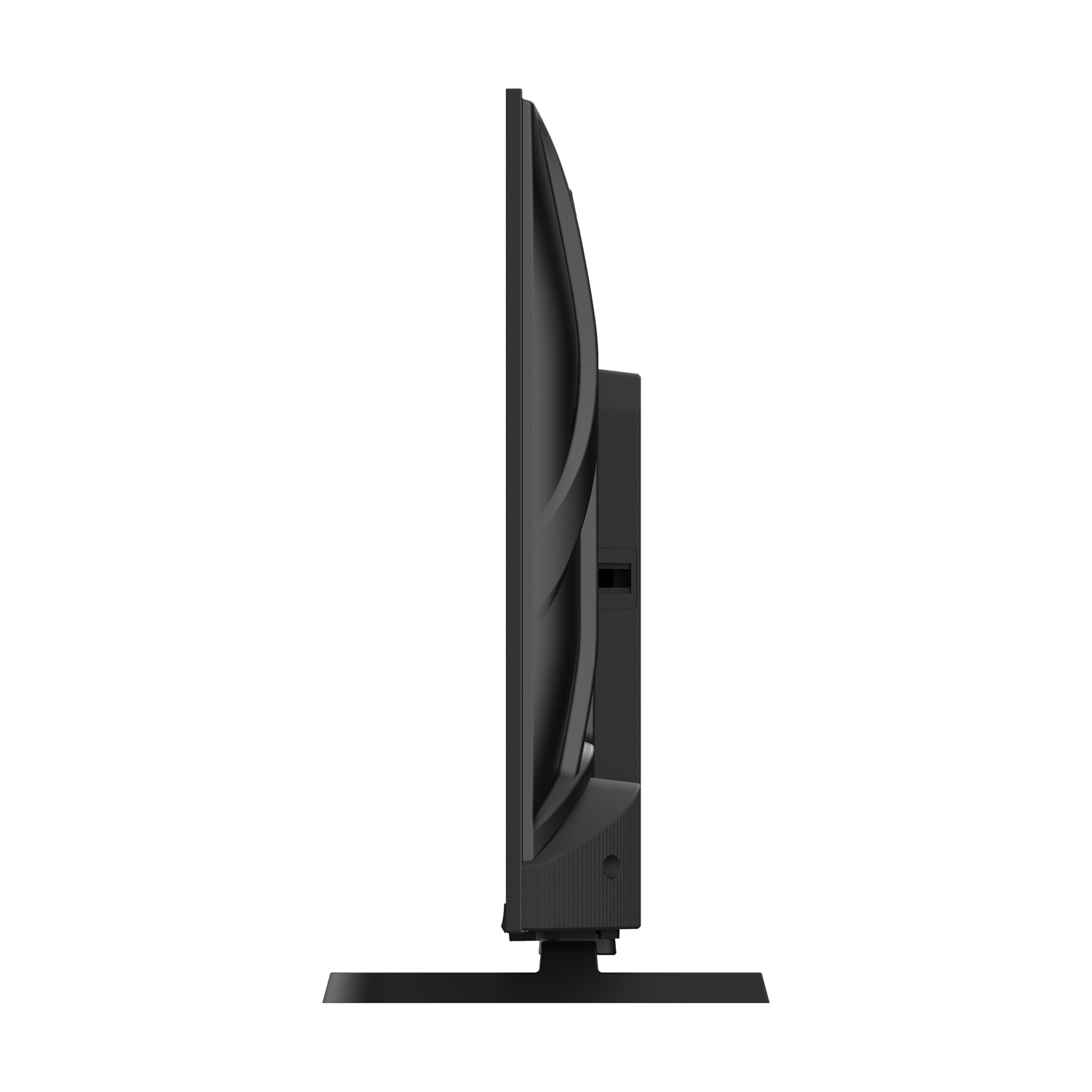 Un televisore nero, visto lateralmente, è posto su uno sfondo bianco. Il televisore ha un supporto e un design elegante.