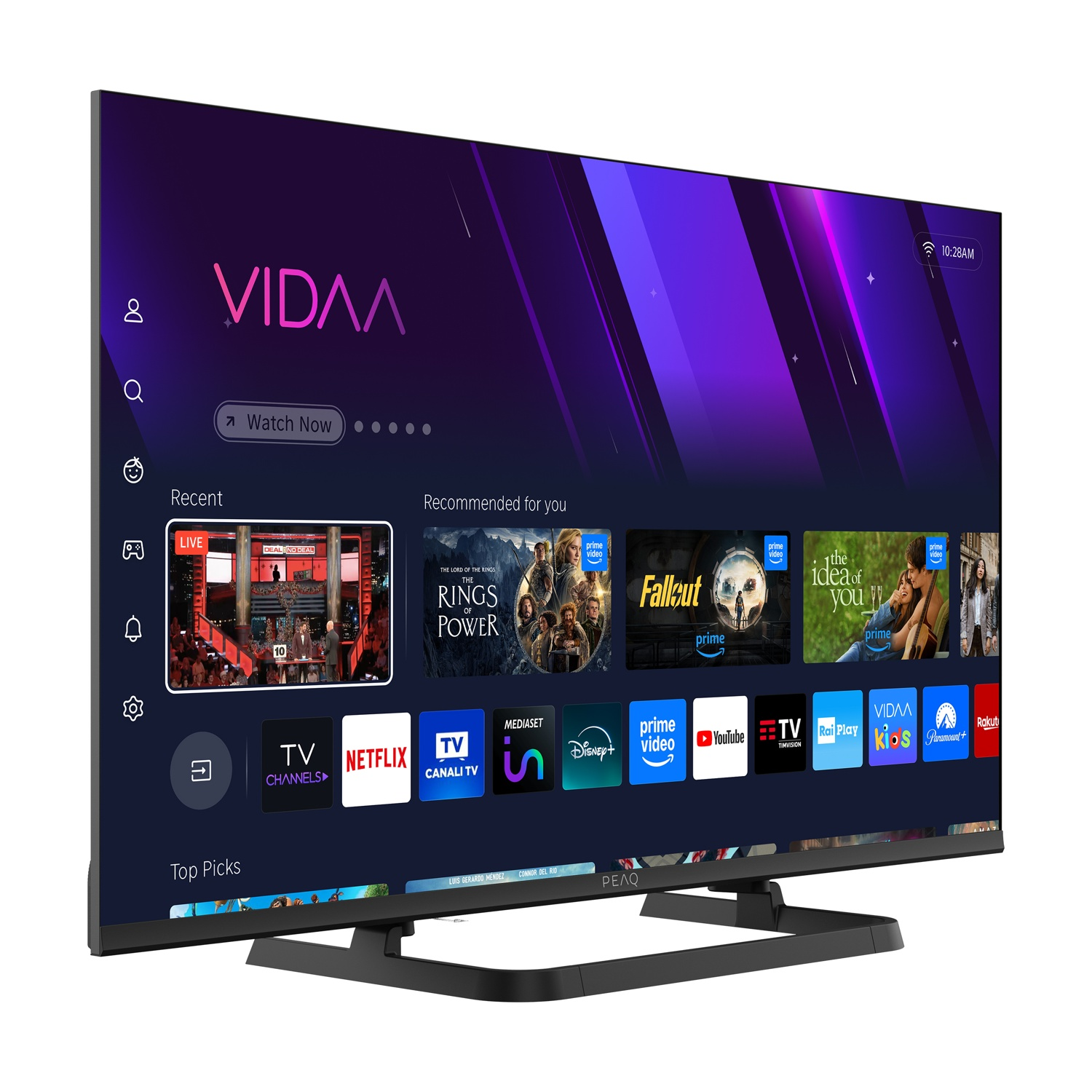 Un televisore a schermo piatto mostra un'interfaccia VIDAA. Lo schermo mostra icone di app e opzioni di streaming. Un supporto nero sostiene la TV.