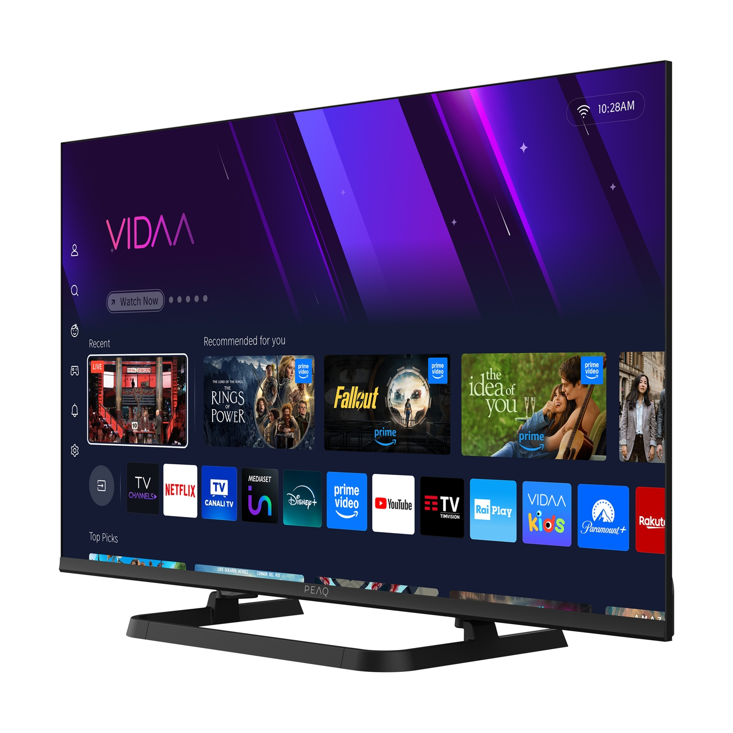 Uno schermo TV che mostra un'interfaccia VIDAA con icone di film e app. Il televisore è su un supporto.