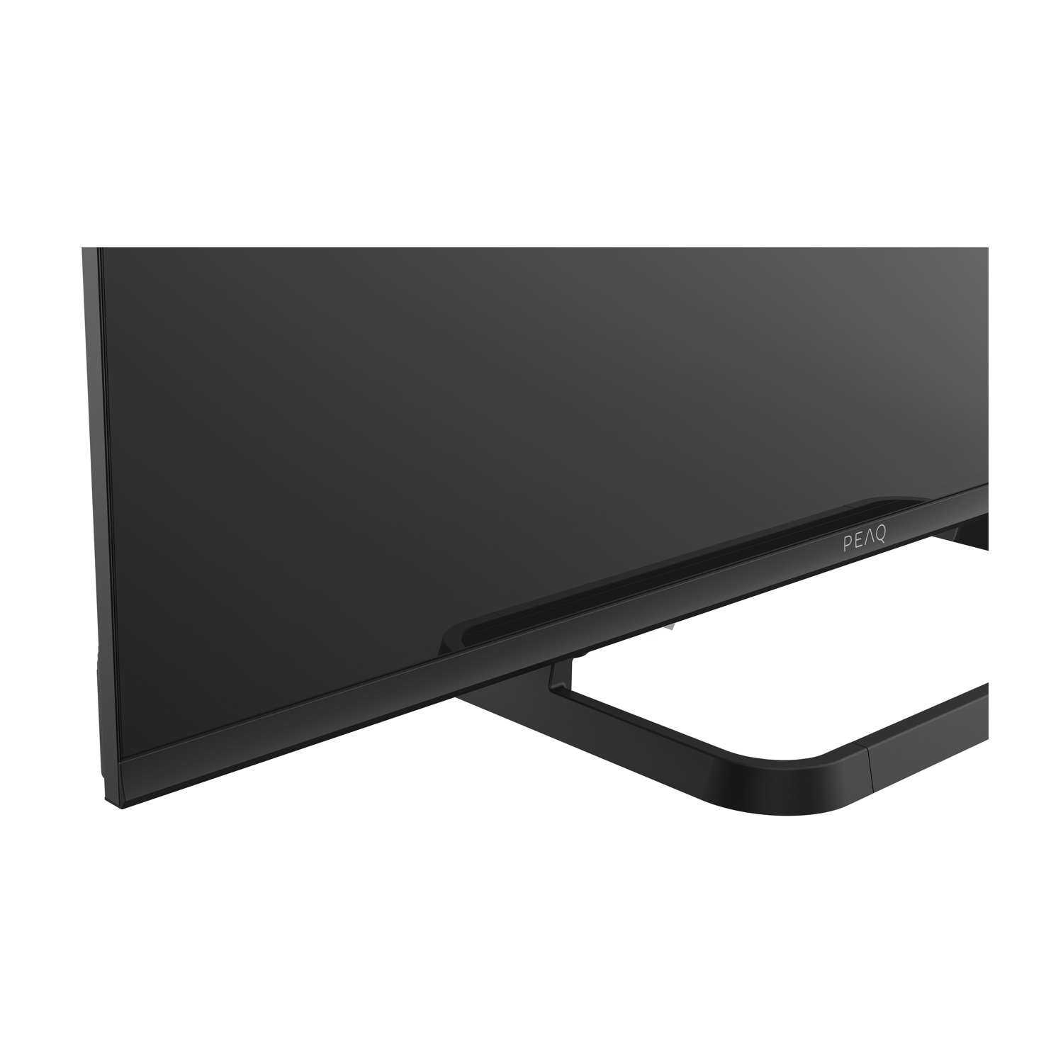 Primo piano di un monitor di computer nero con il marchio PEAQ visibile, vista angolata, su sfondo bianco.