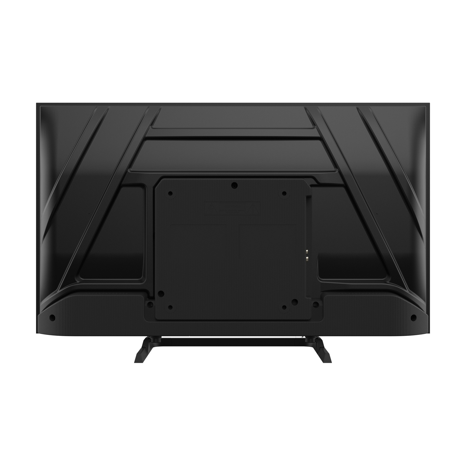 Retro di una TV nera su sfondo bianco. La TV ha un supporto e vari elementi di design.