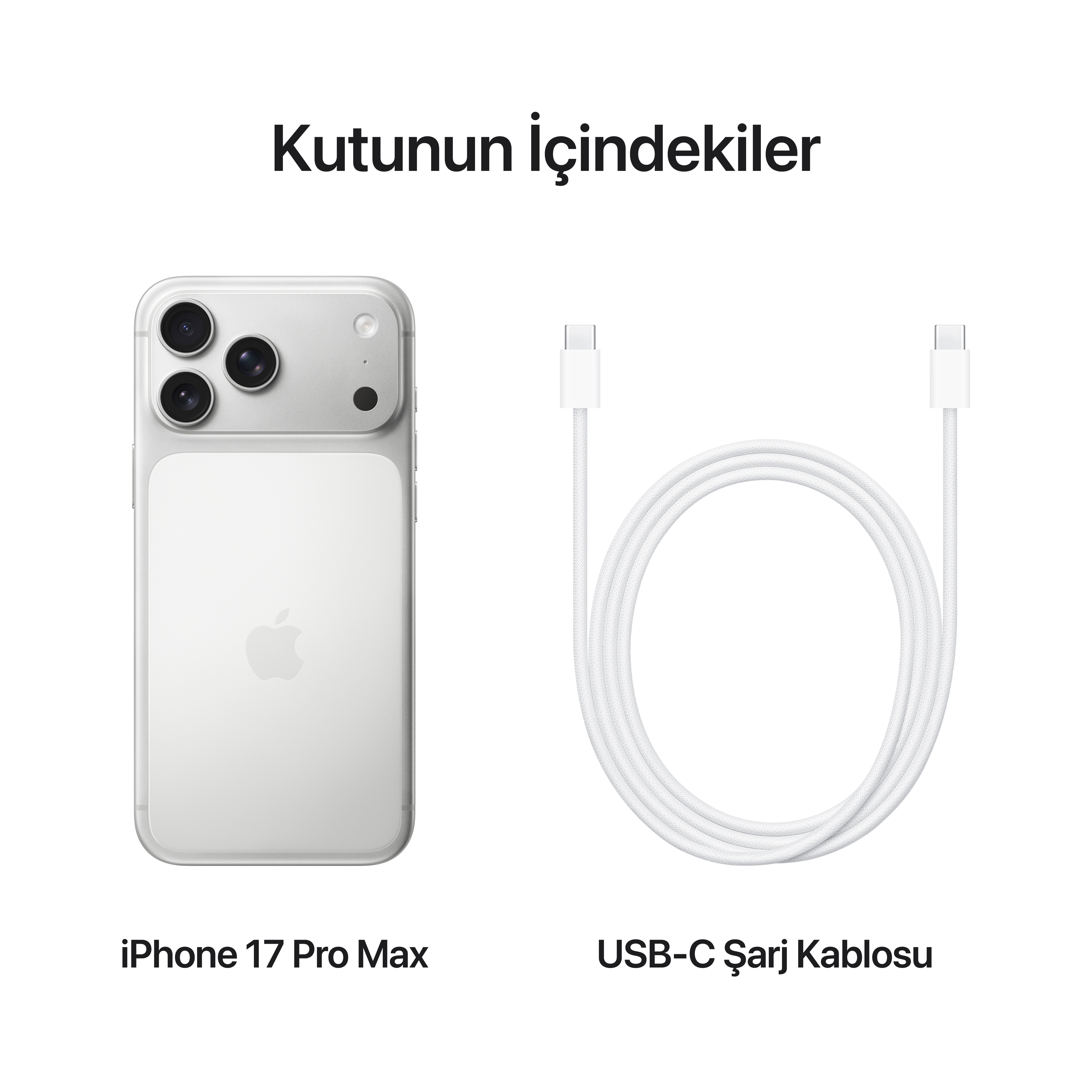 Görselde beyaz bir iPhone 17 Pro Max ve beyaz bir USB-C şarj kablosu beyaz zemin üzerinde.