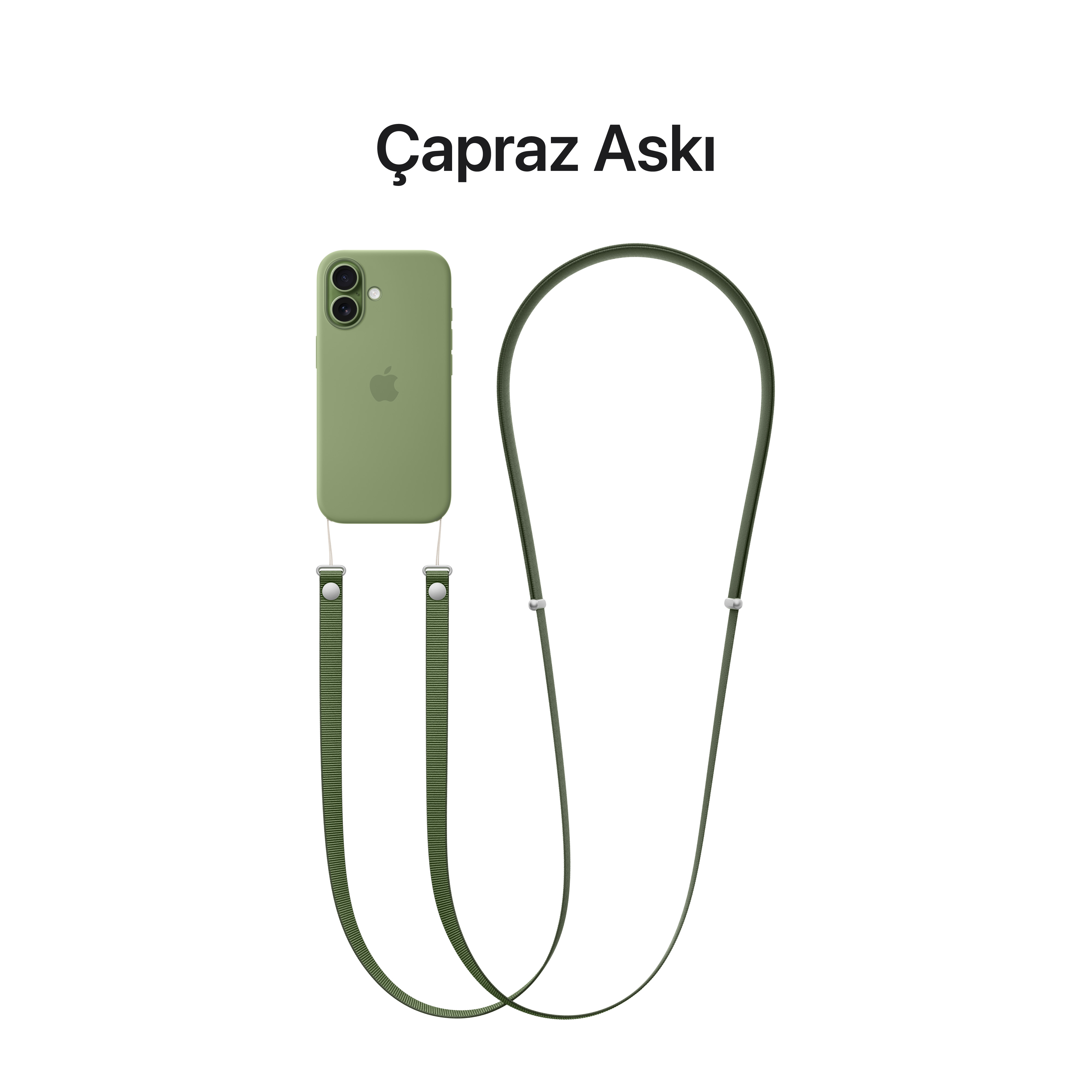 Zeytin yeşili telefon kılıfı ve askı. Beyaz zemin. Çapraz Askı yazısı.