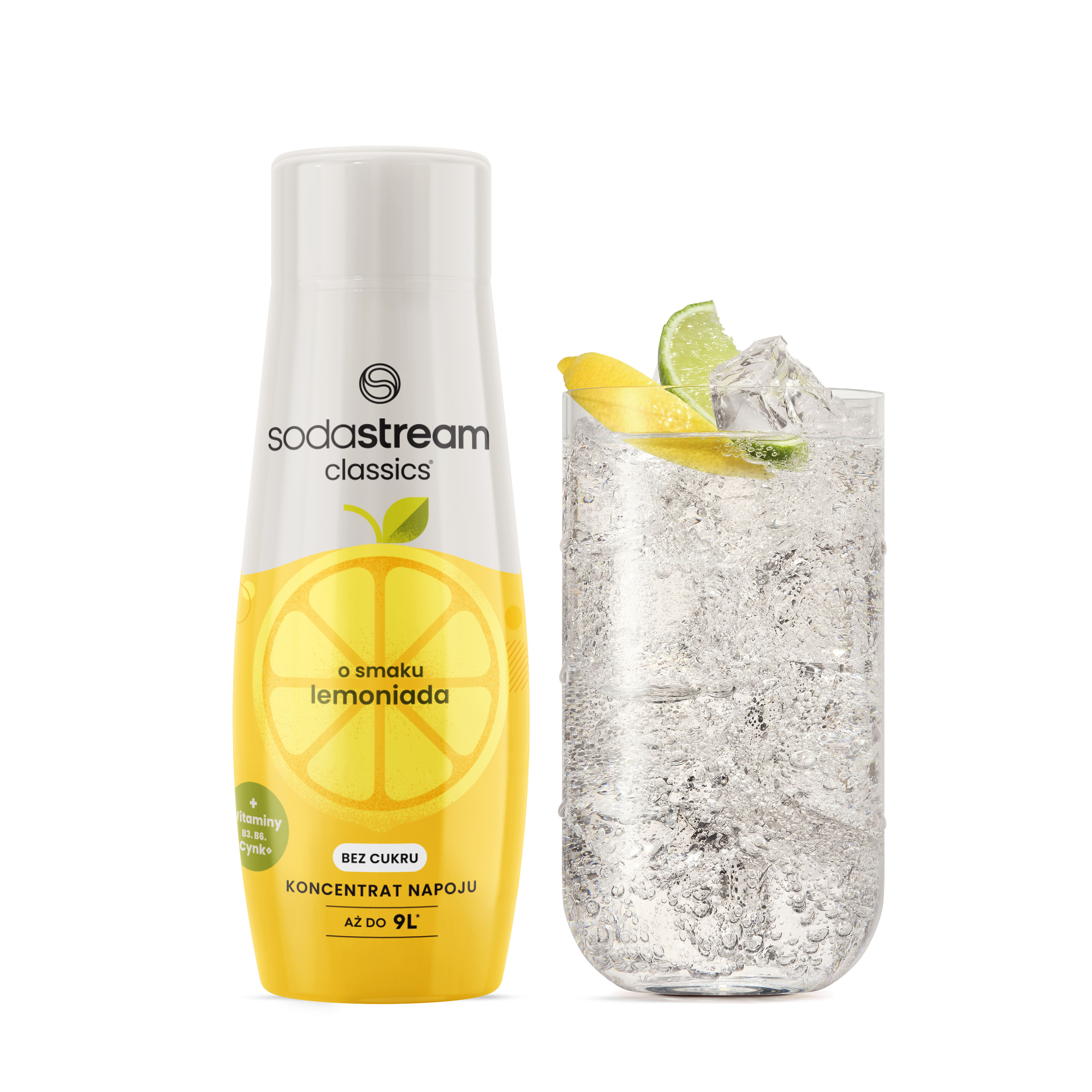 Obraz przedstawia butelkę koncentratu lemoniady SodaStream i szklankę lemoniady z lodem i cytryną.
