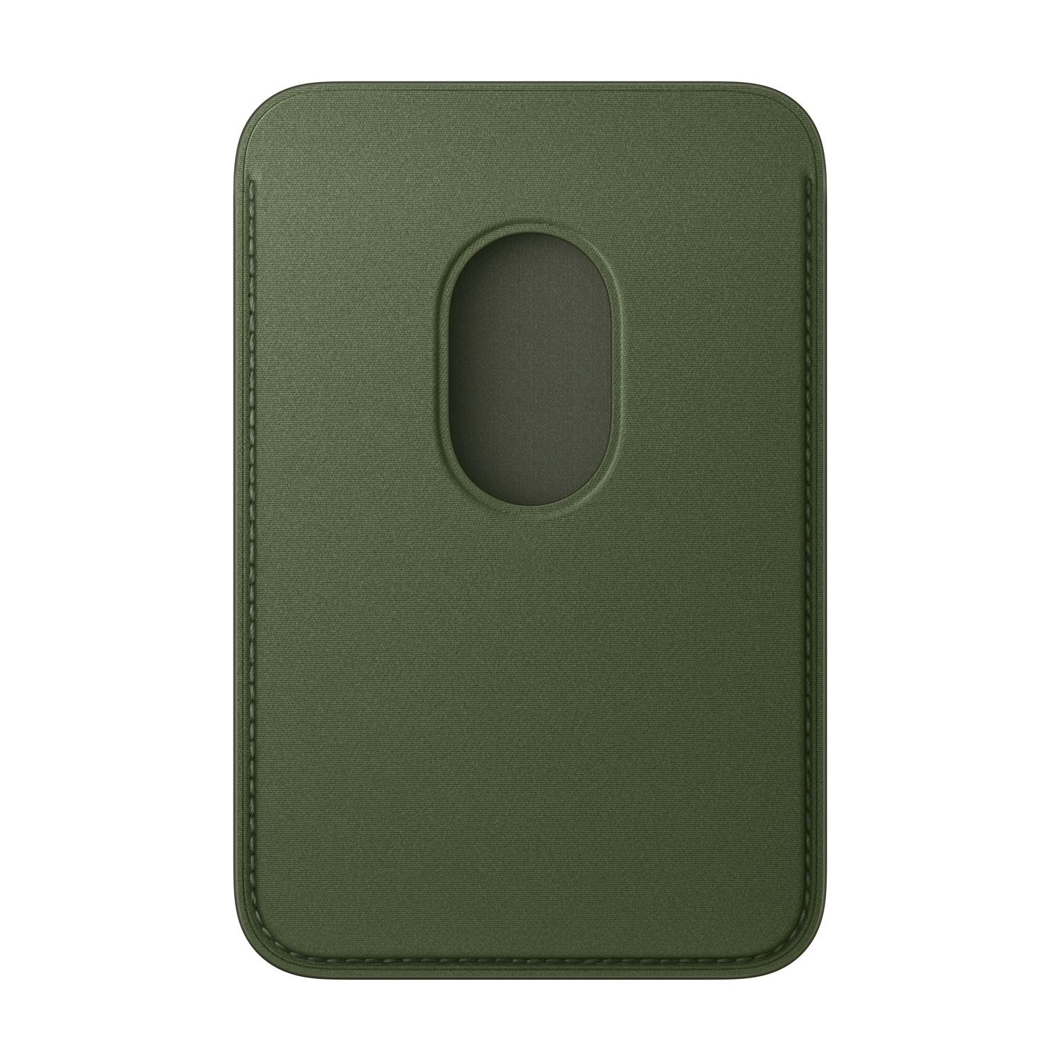 Un portacarte verde oliva con bordo cucito e un ritaglio ovale. La superficie ha un aspetto strutturato.