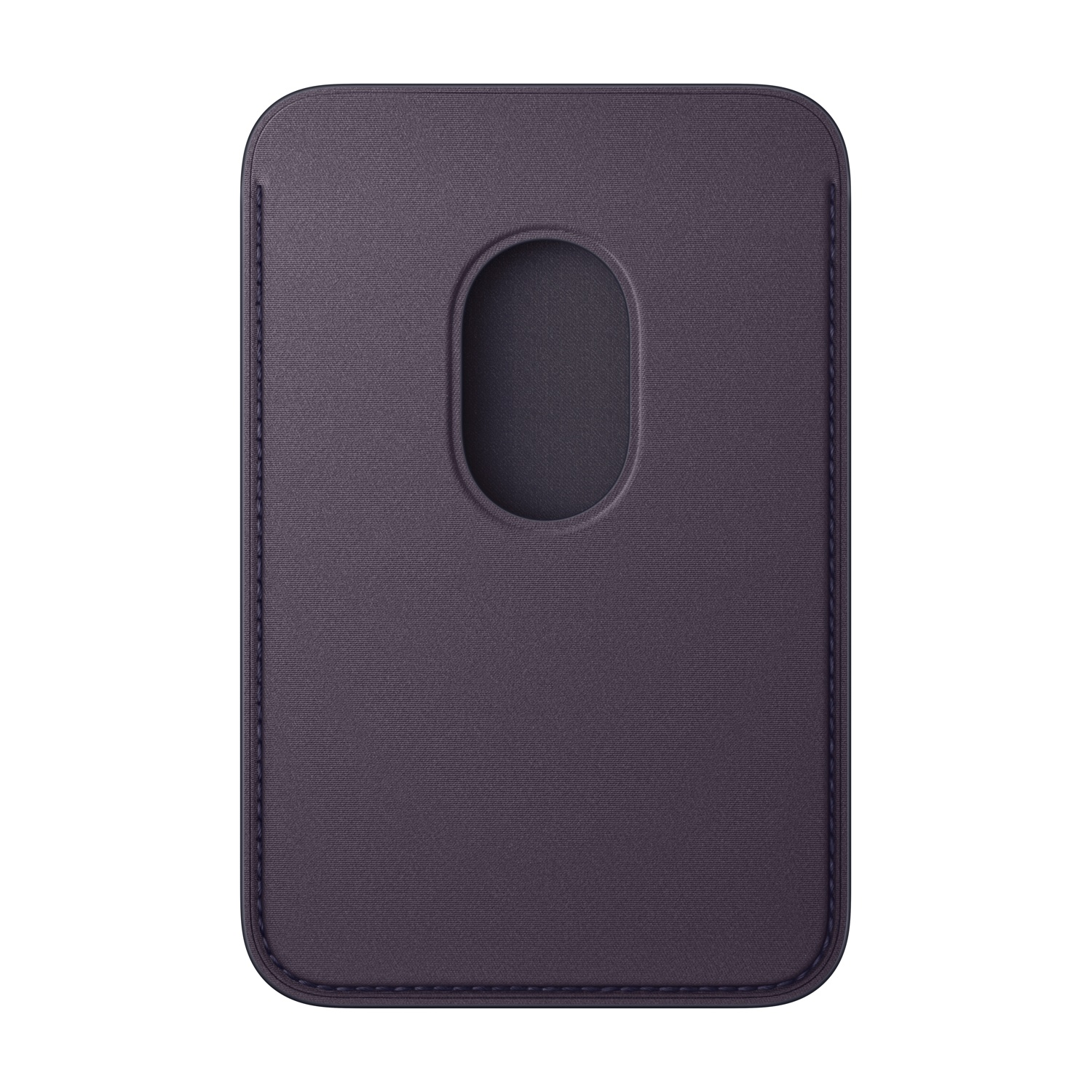 Un porta carte viola scuro con un ritaglio ovale centrale. Cuciture visibili delineano i bordi. Lo sfondo è bianco.