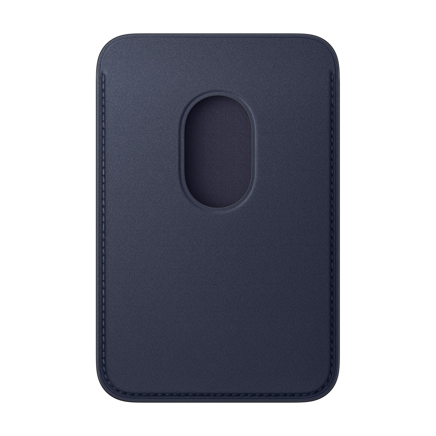 Un porta carte di pelle blu navy con un ritaglio ovale al centro. Ha bordi cuciti e una superficie strutturata.