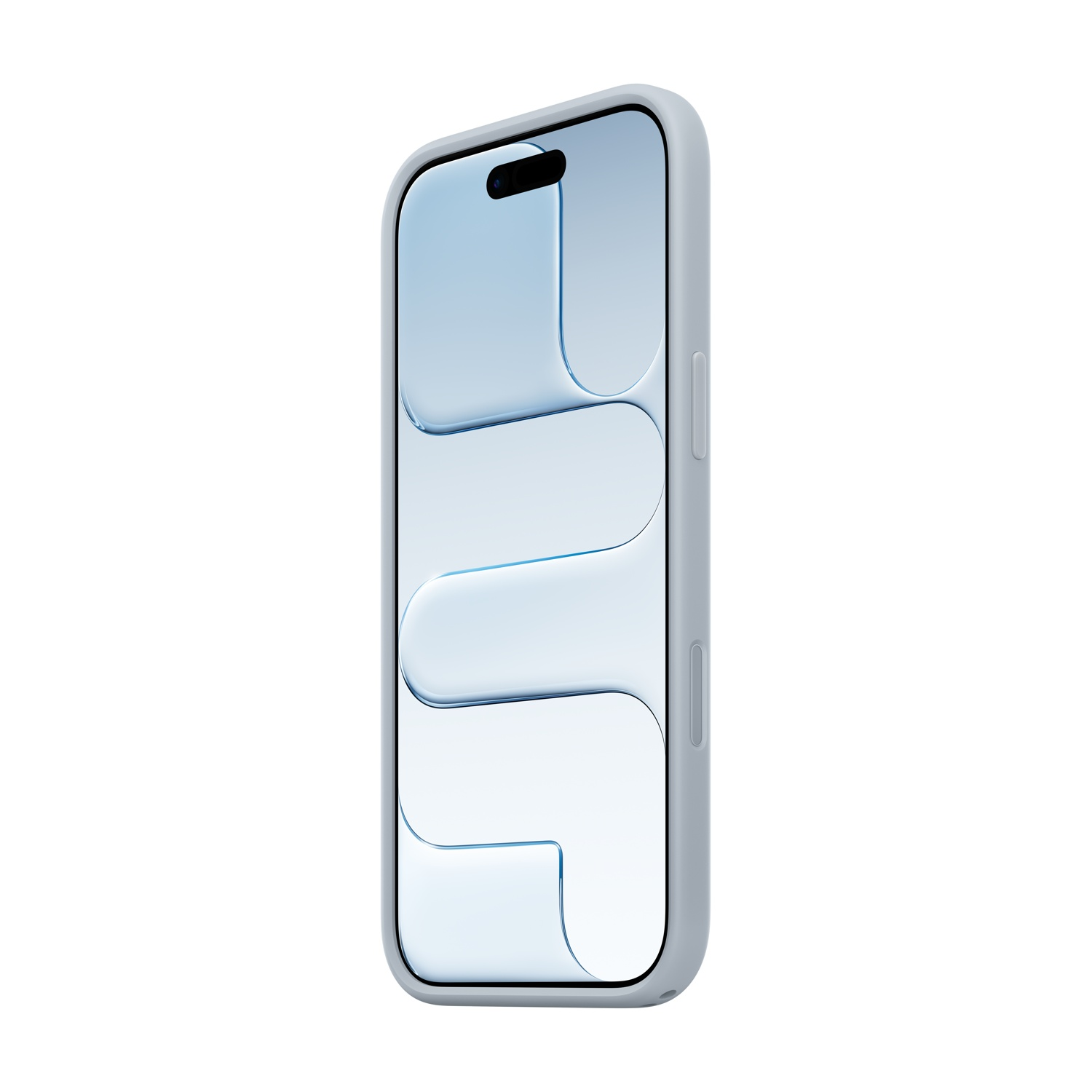 Un iPhone grigio chiaro con un design astratto azzurro sullo schermo, visto da una leggera angolazione, su sfondo bianco.