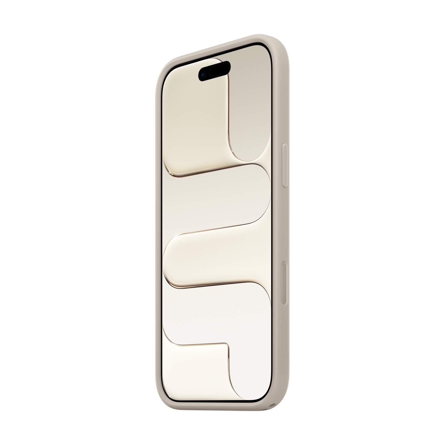 Uno smartphone in una custodia beige. Lo schermo mostra un design astratto beige chiaro. Il telefono è leggermente inclinato verso destra.