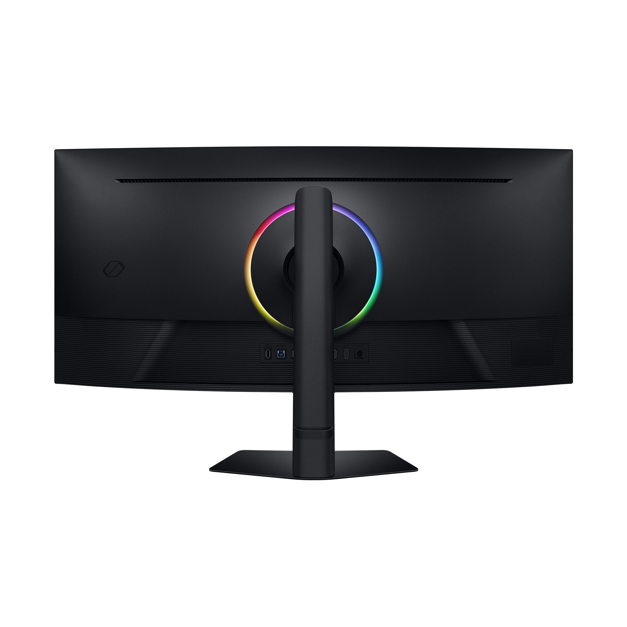Tył czarnego monitora z oświetleniem RGB i portami.