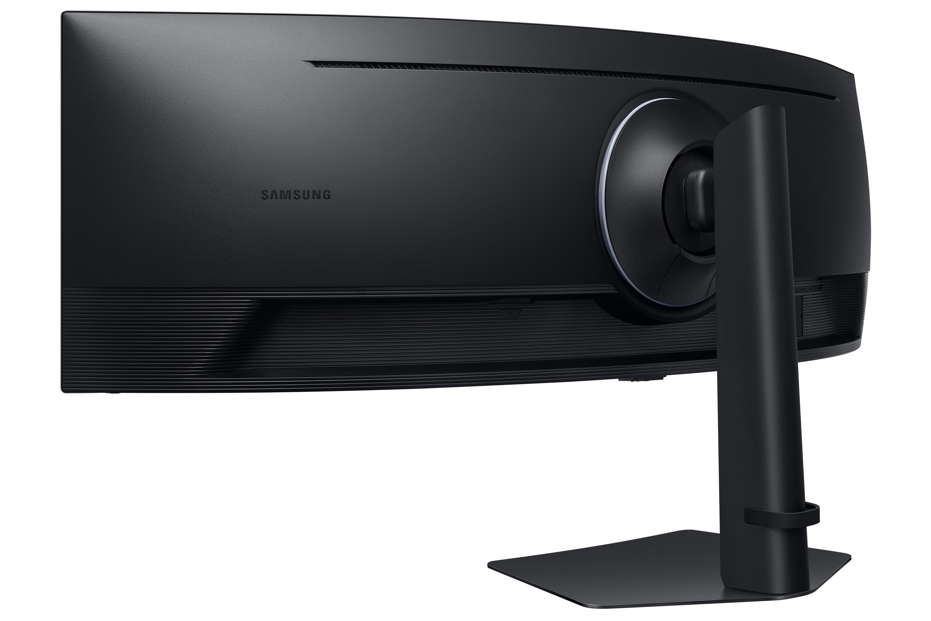 Back view of a black monitor with Samsung logo and a round joint.