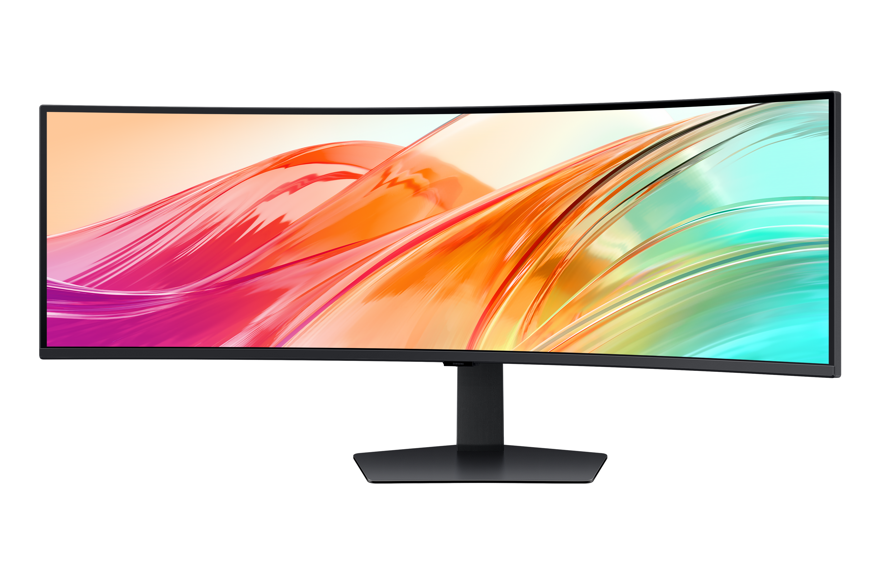 A curved monitor displaying an abstract, colorful background.